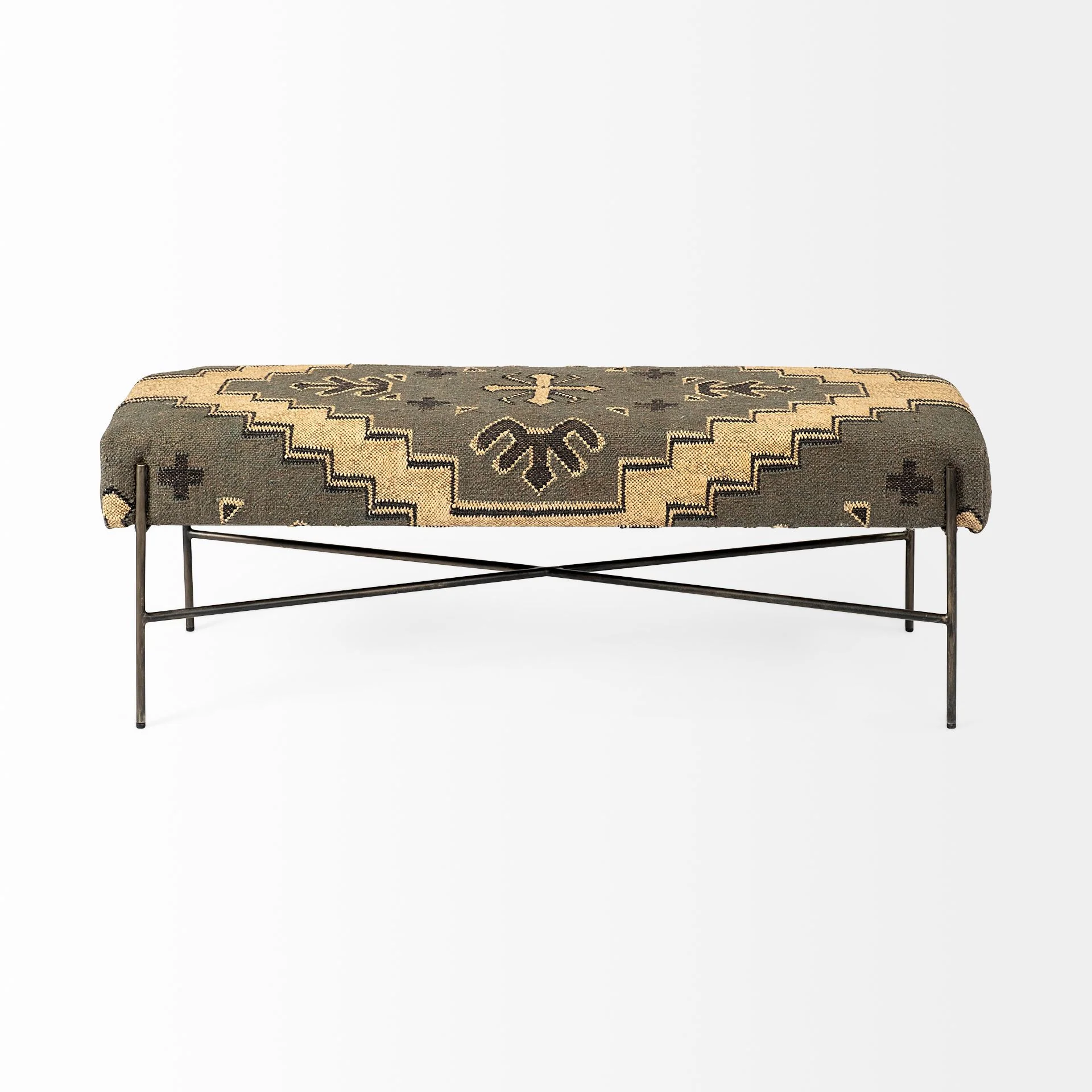 Rectangular MetalAntiqued-Nickel Toned Base W Upholstered Tan Pattered Seat Accent Bench By Homeroots - Image 2