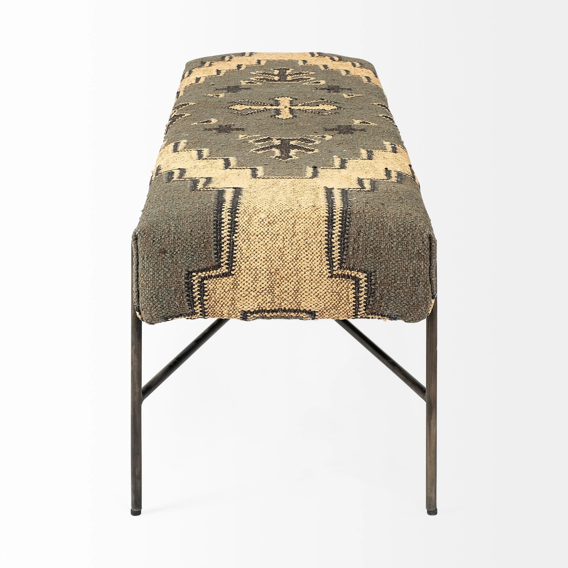 Rectangular MetalAntiqued-Nickel Toned Base W Upholstered Tan Pattered Seat Accent Bench By Homeroots - Image 3