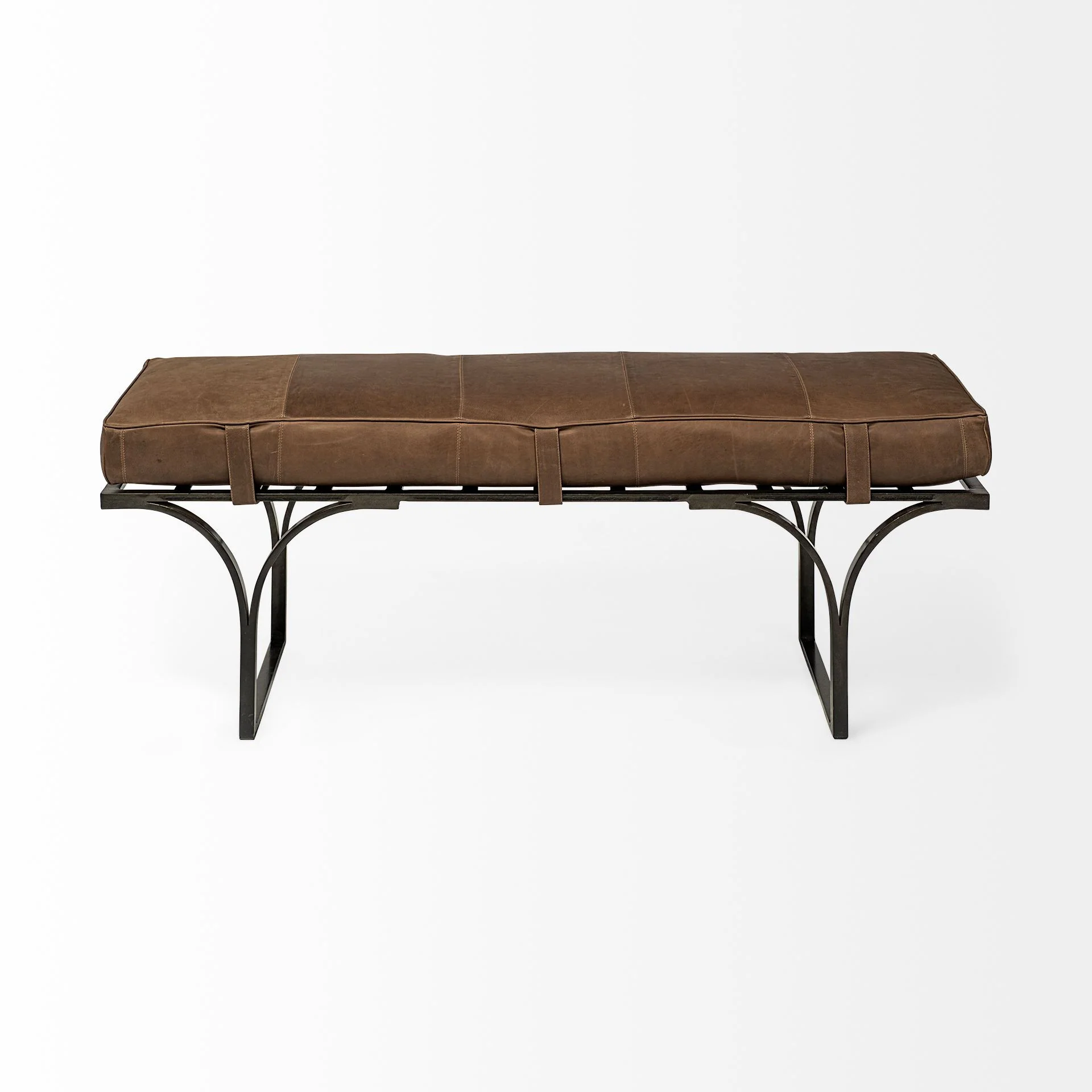 Rectangular MetalMatte-Black Antiqued Brown Genuine Leather Seat Accent Bench By Homeroots - Image 2