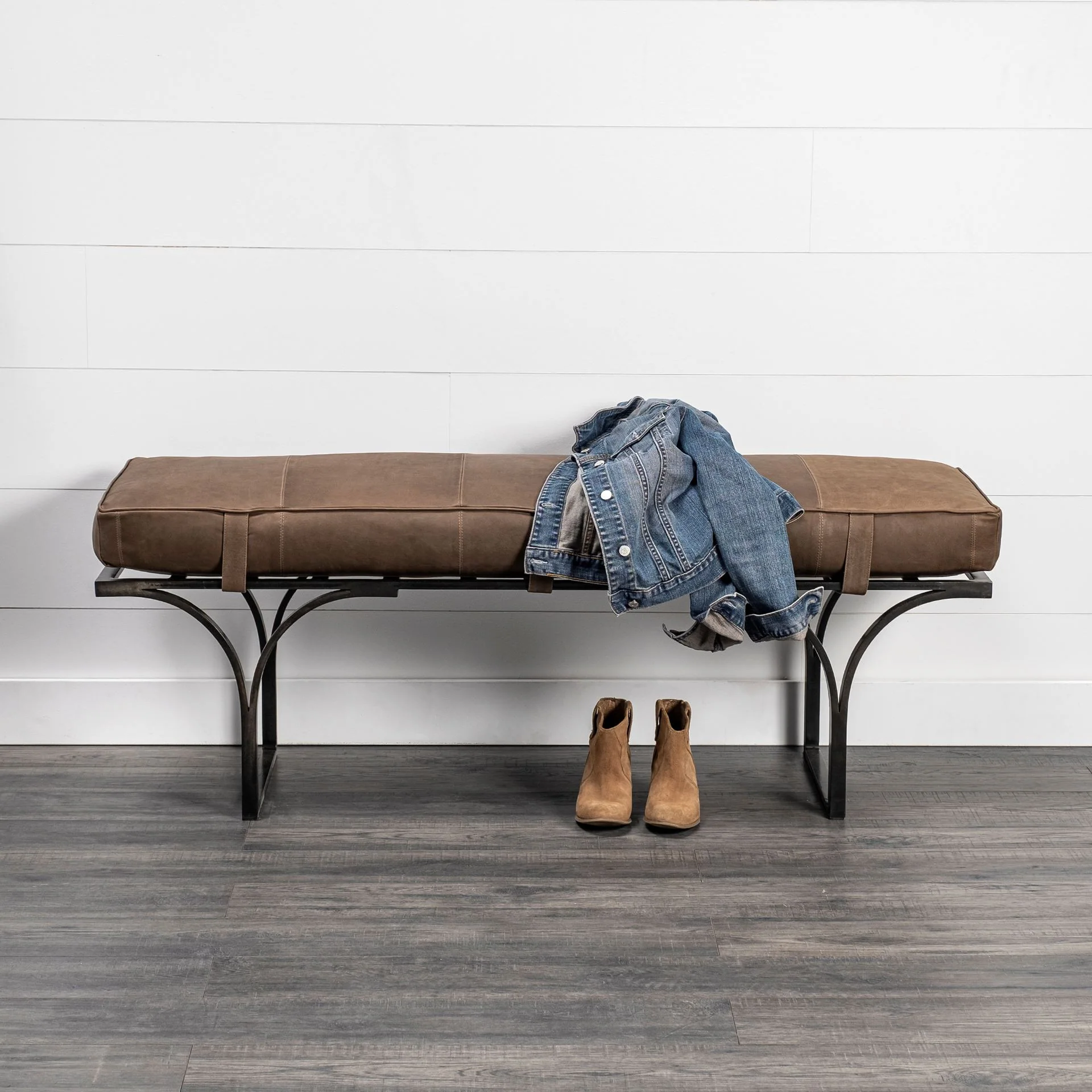 Rectangular MetalMatte-Black Antiqued Brown Genuine Leather Seat Accent Bench By Homeroots - Image 5