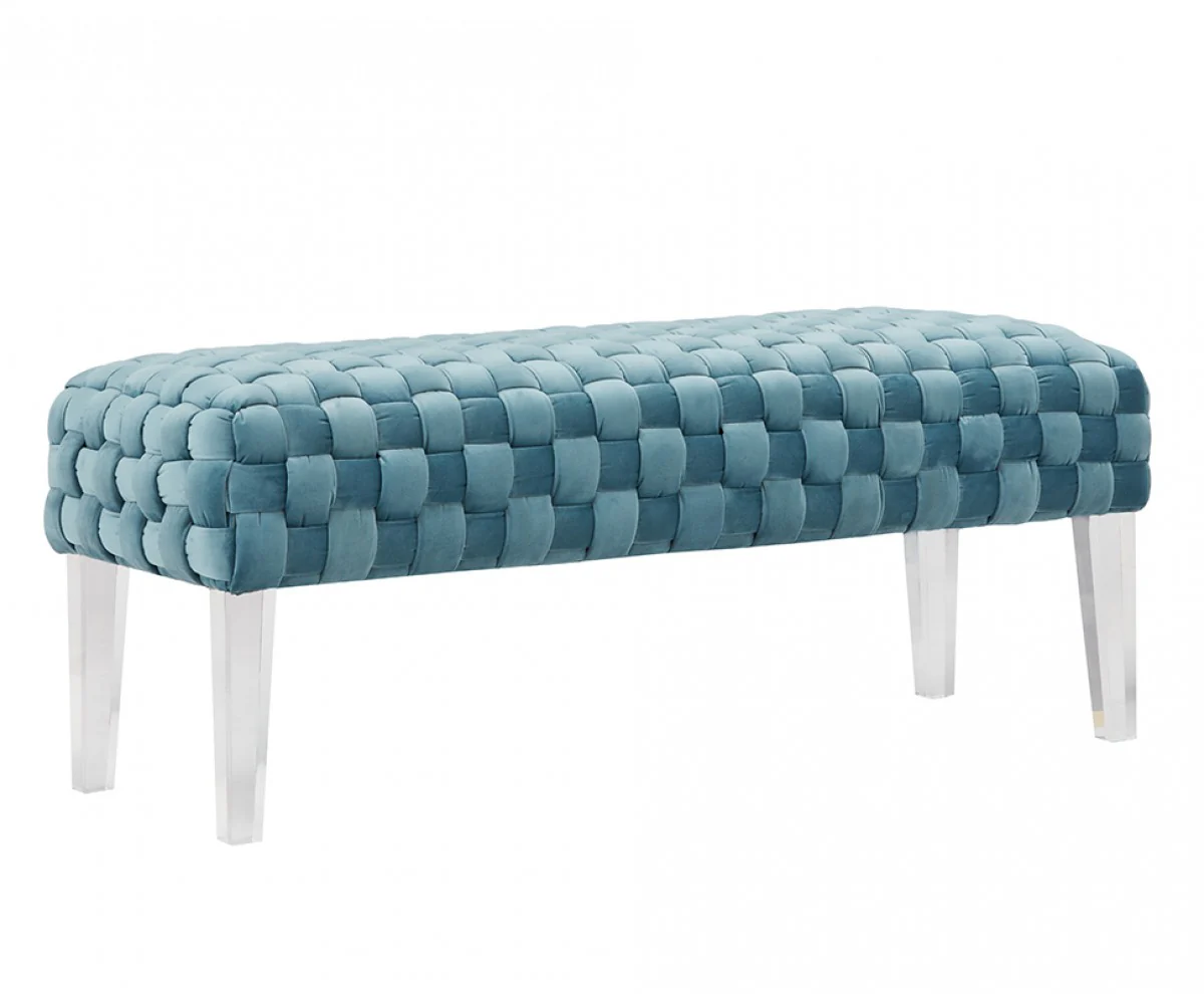 Rectangular Modern Light Teal Textured Velvet Bench with acrylic legs By Homeroots - Image 2