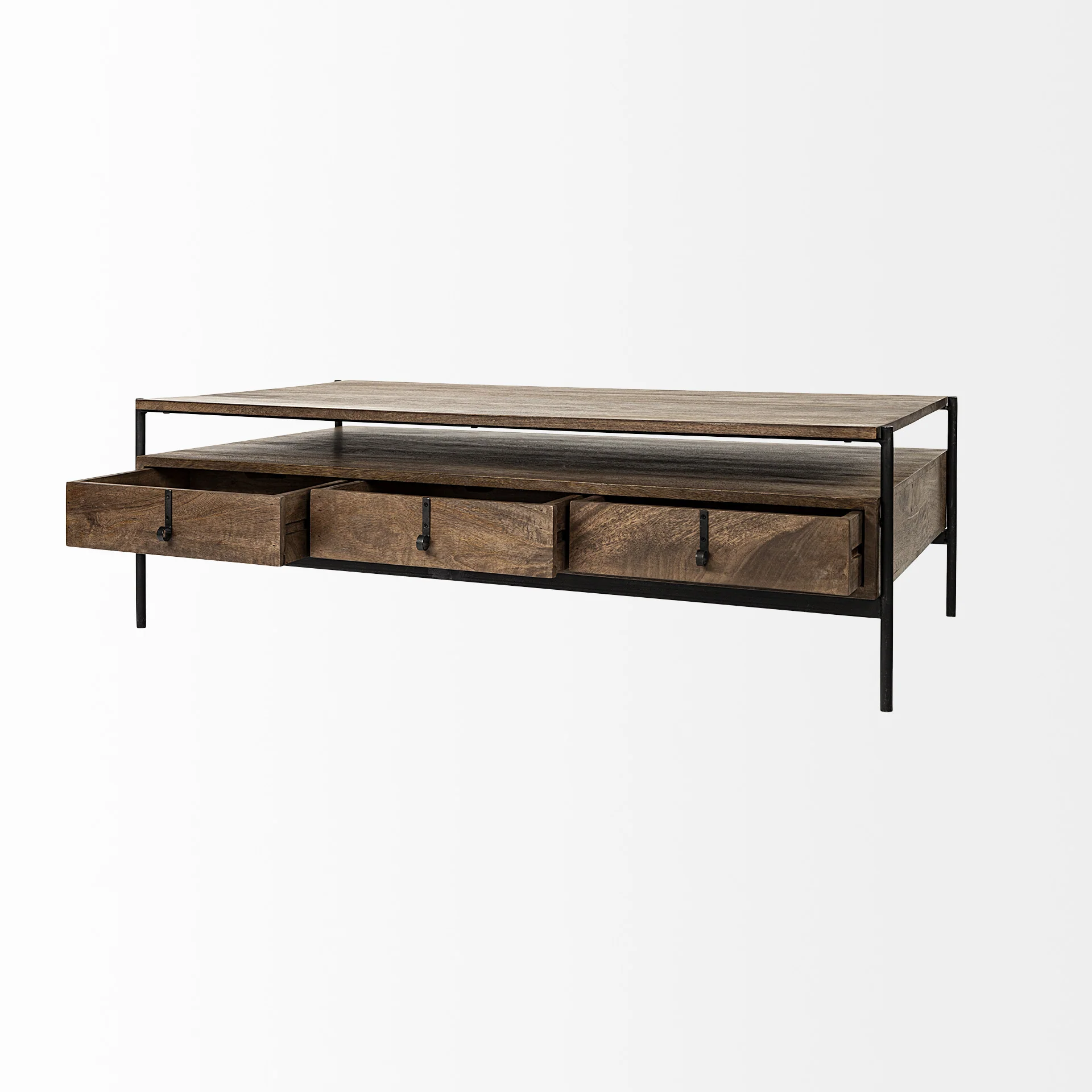 Rectangular Solid Wood and Black Metal Coffee Table w 3 Drawers By Homeroots - Image 5