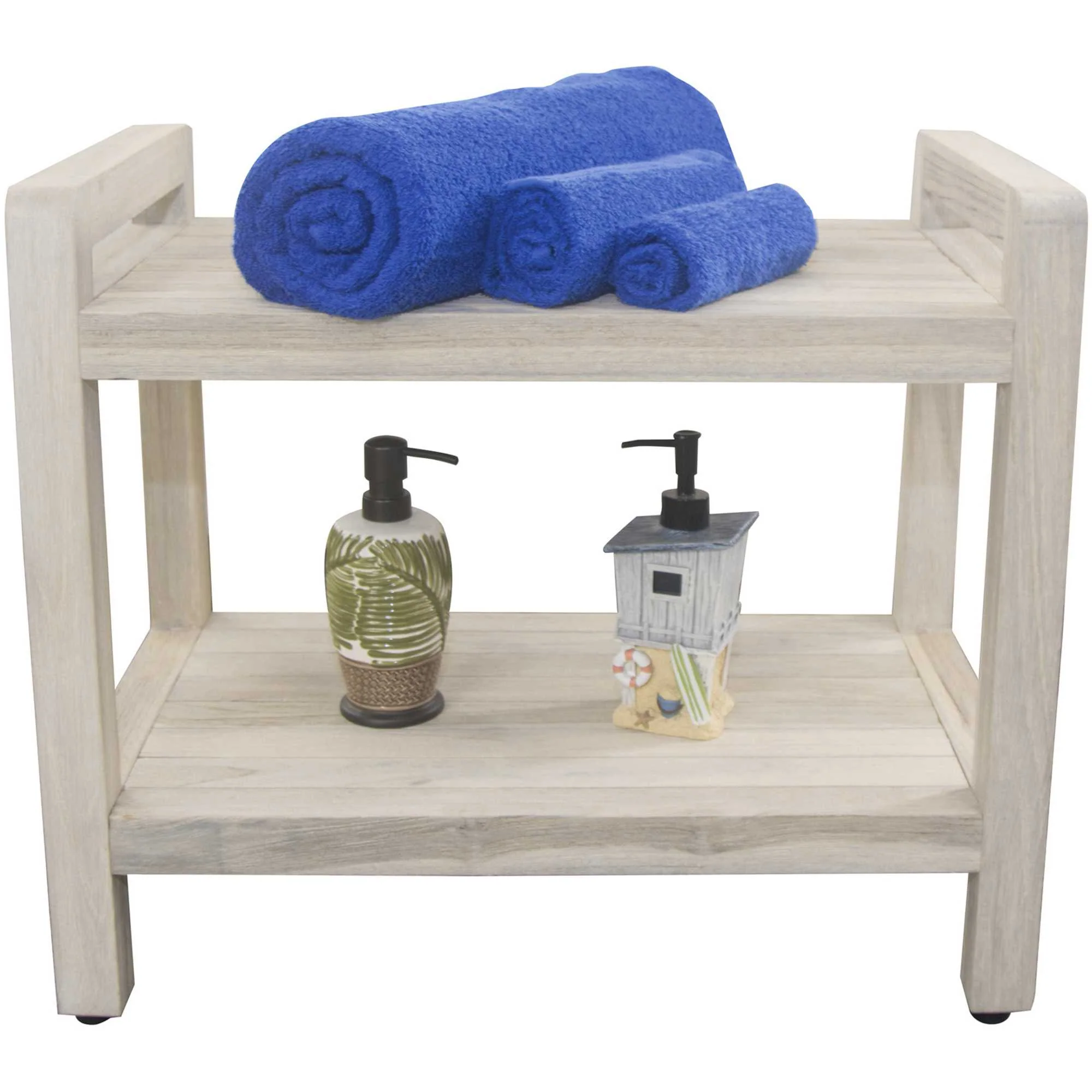 Rectangular Teak Shower Bench with Shelf and Handles in White Finish By Homeroots - Image 3