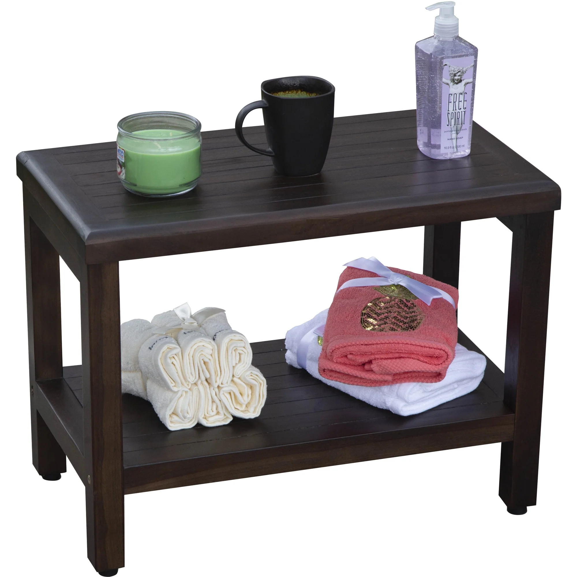 Rectangular Teak Shower Bench with Shelf in Brown Finish By Homeroots - Image 3