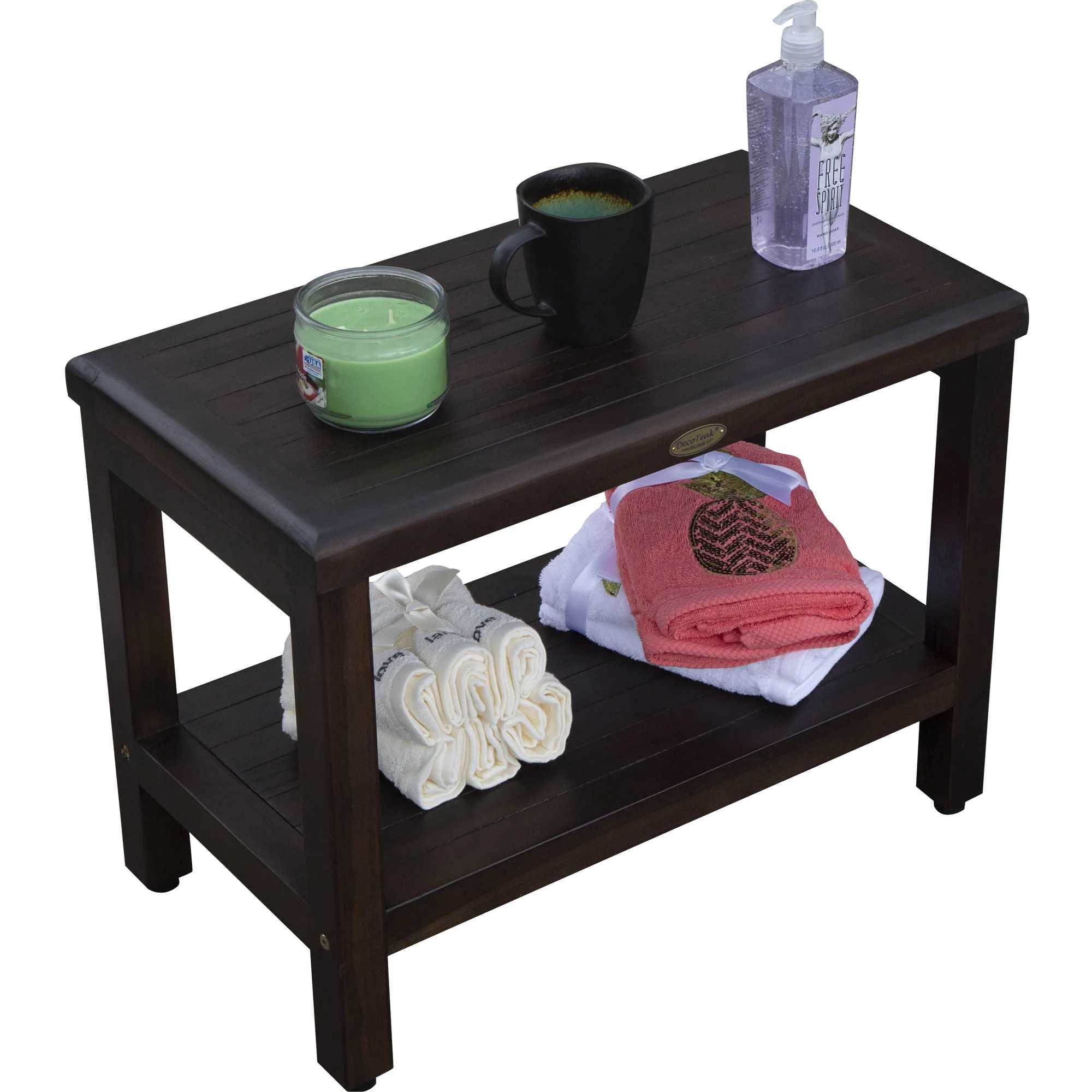 Rectangular Teak Shower Bench with Shelf in Brown Finish By Homeroots - Image 4