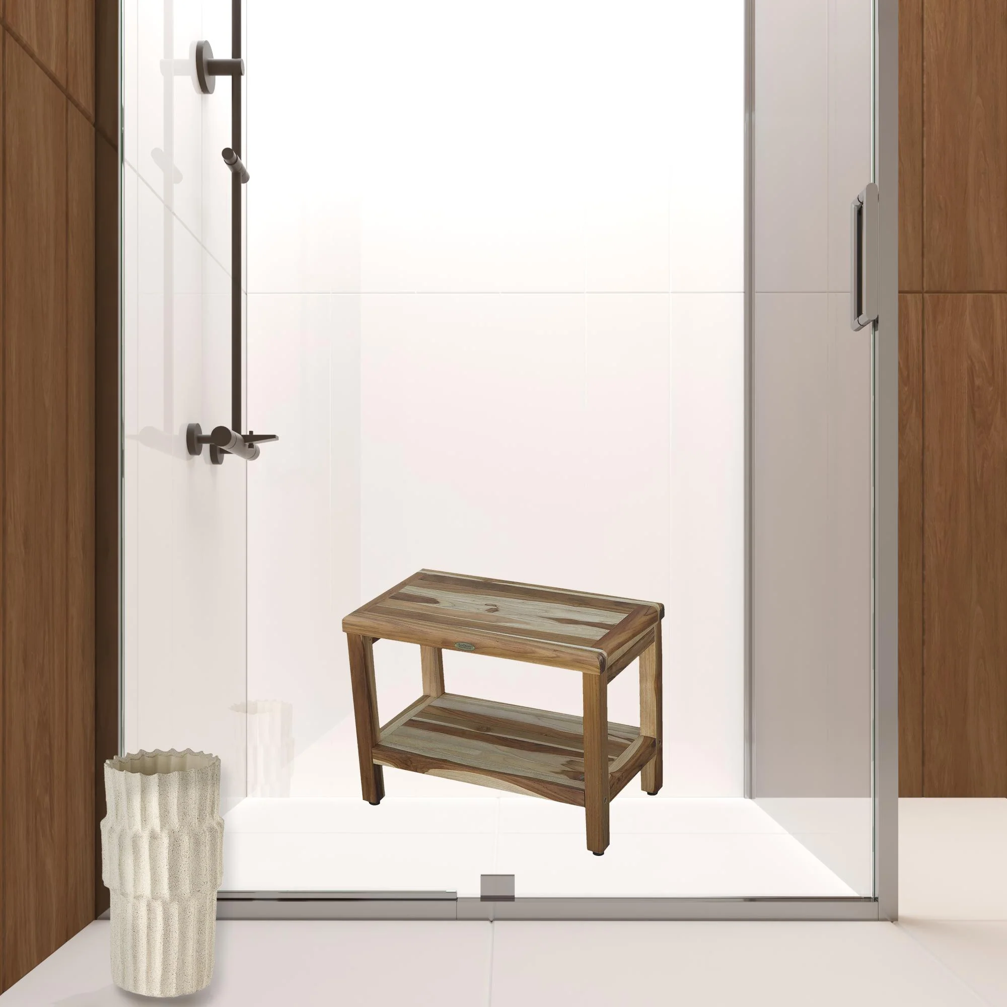 Rectangular Teak Shower Bench with Shelf in Natural Finish By Homeroots - 376699 - Image 4