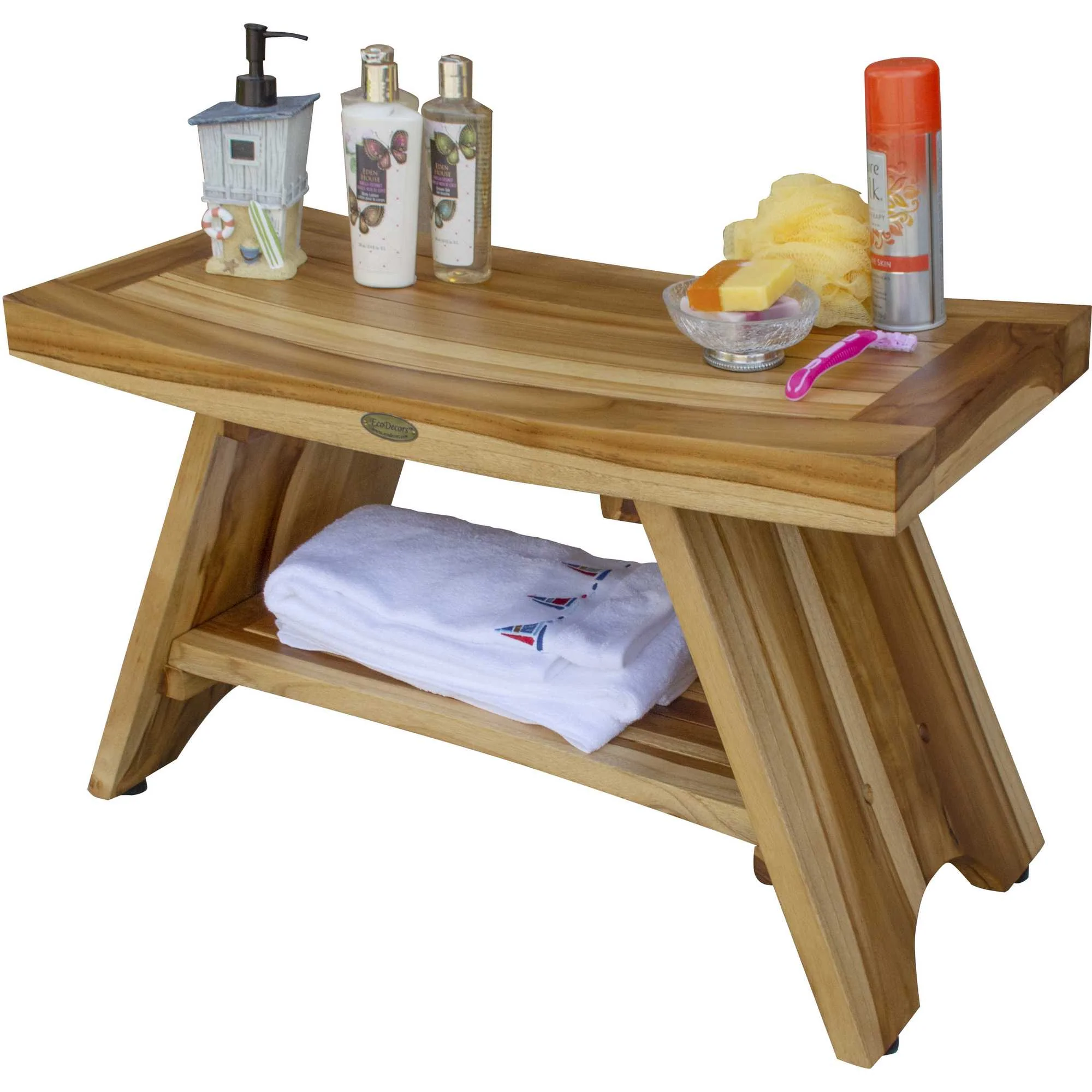 Rectangular Teak Shower Stool or Bench with Shelf in Natural Finish By Homeroots - Image 5
