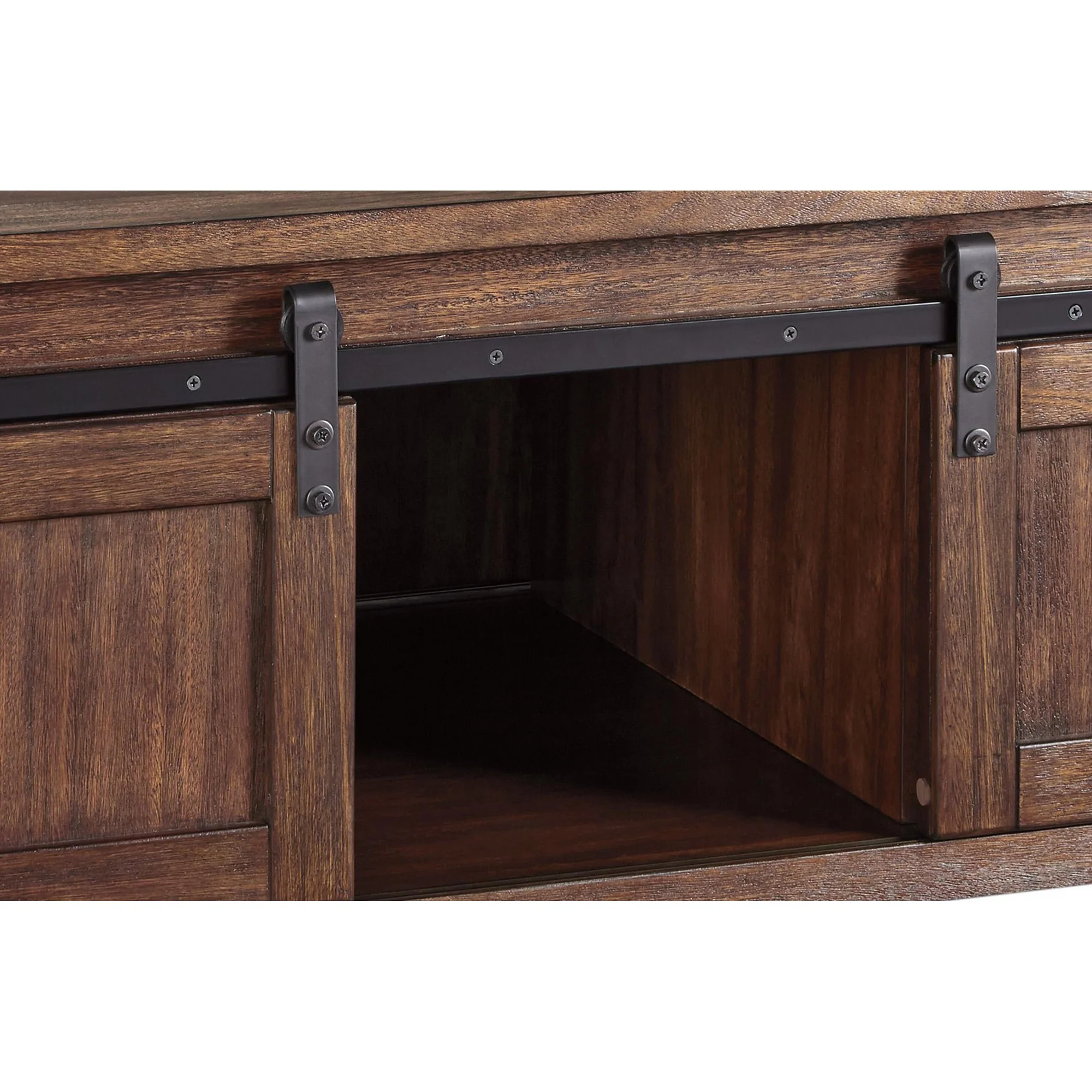 Rectangular Wooden Cocktail Table With 2 Barn Sliding Door Cabinets, Brown By Benzara - Image 2