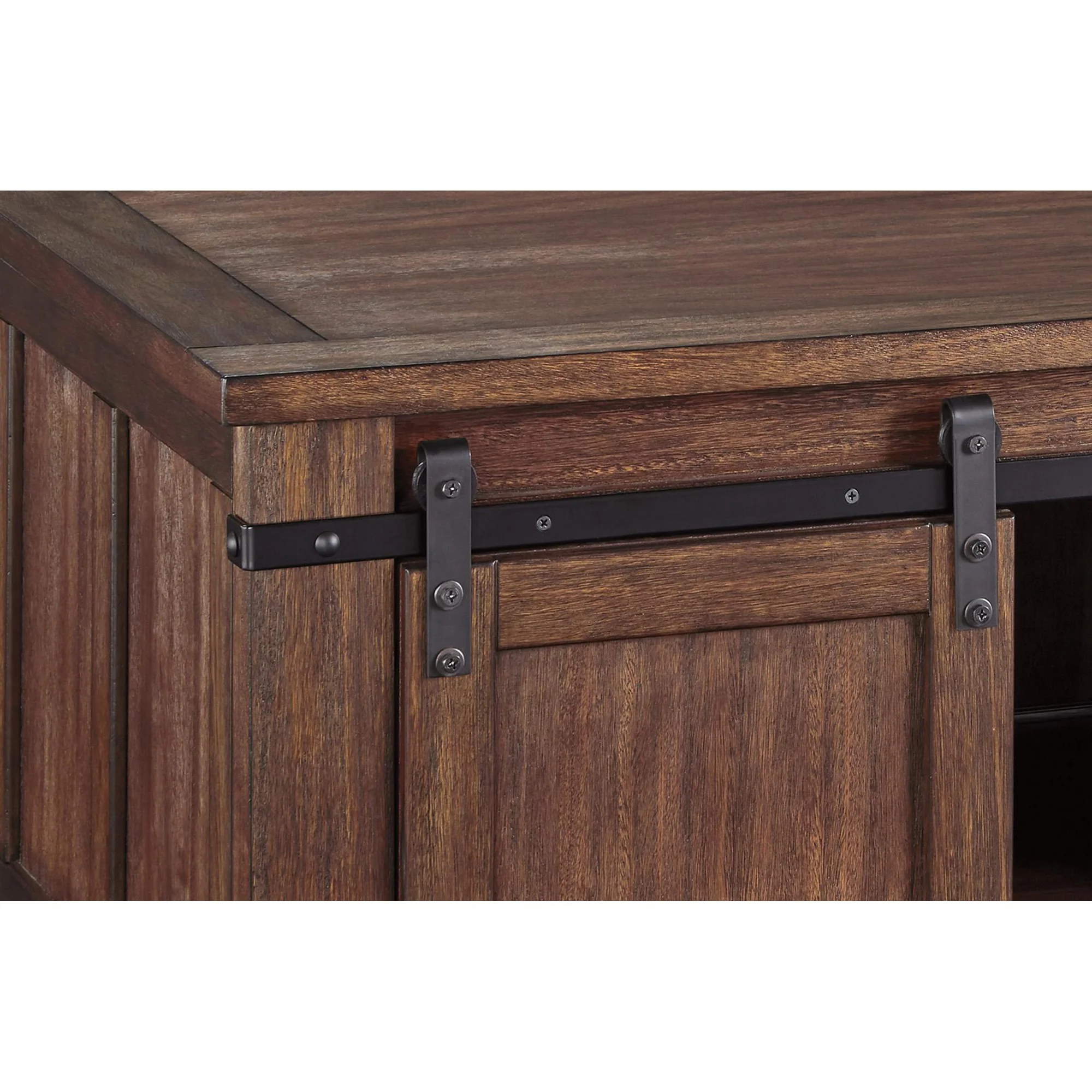 Rectangular Wooden Cocktail Table With 2 Barn Sliding Door Cabinets, Brown By Benzara - Image 5