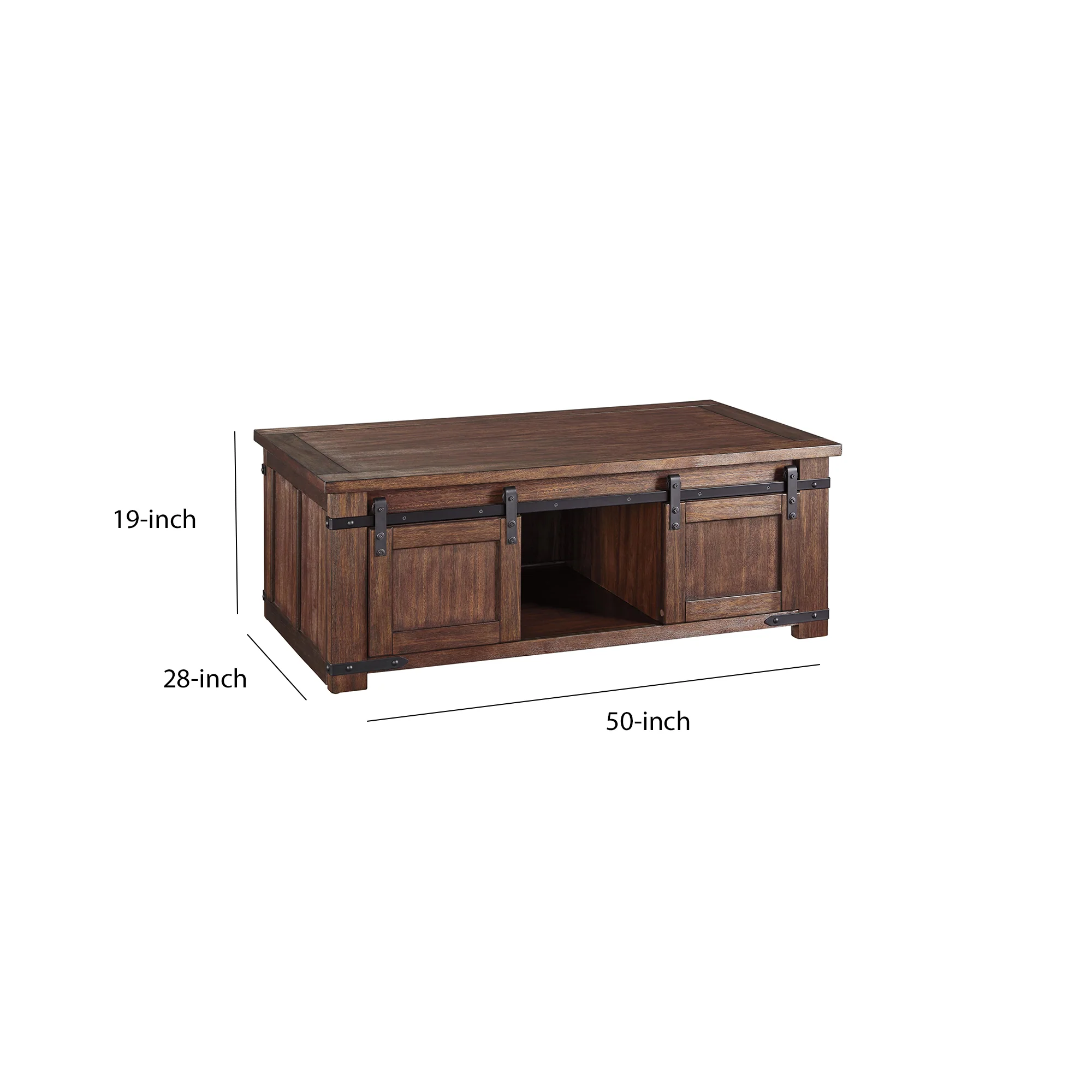 Rectangular Wooden Cocktail Table With 2 Barn Sliding Door Cabinets, Brown By Benzara - Image 6