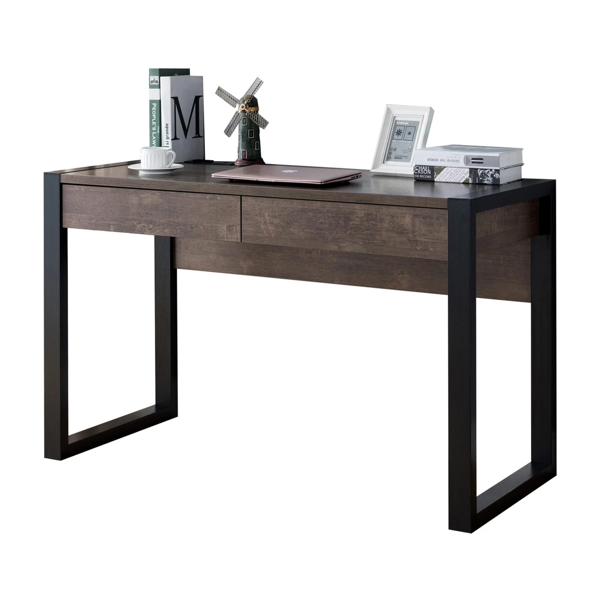 Rectangular Wooden Desk With Electric Outlet And Sled Leg Support, Black And Brown By Benzara - Image 2