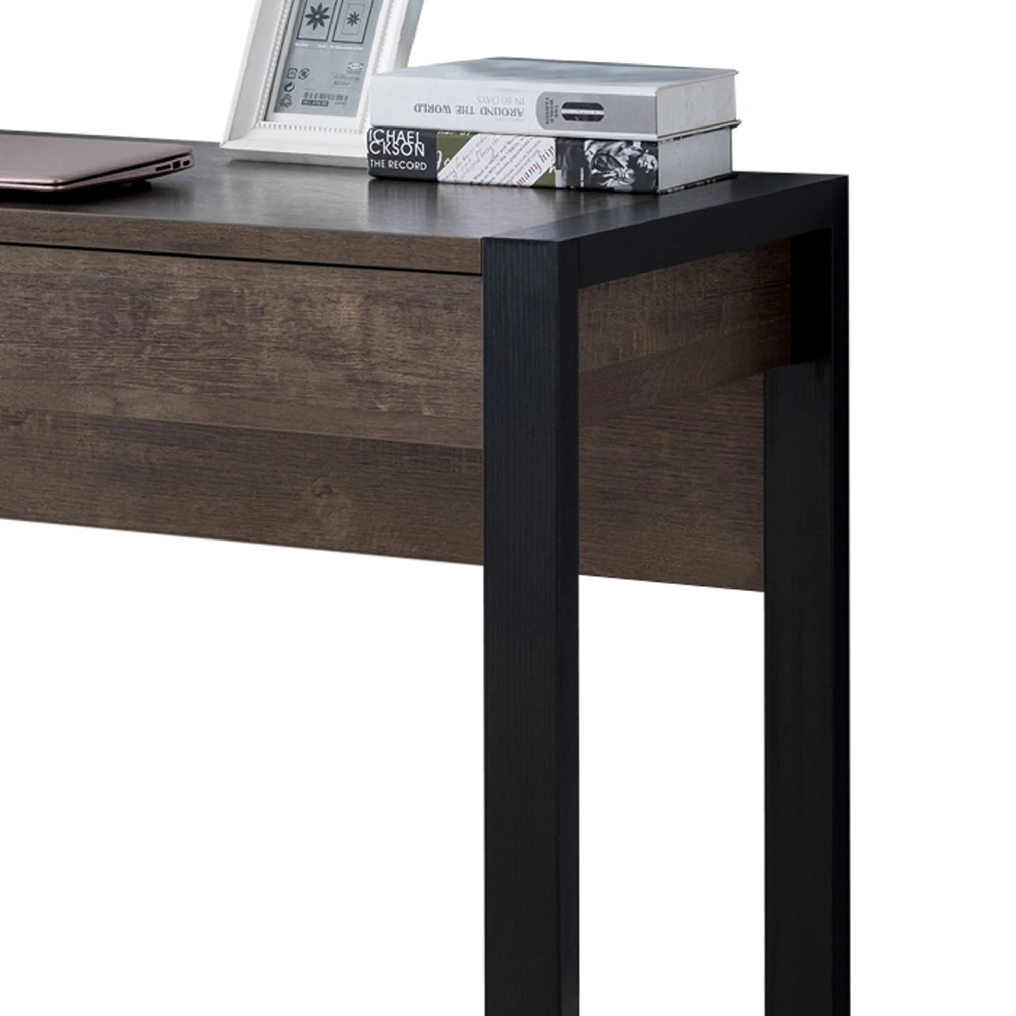 Rectangular Wooden Desk With Electric Outlet And Sled Leg Support, Black And Brown By Benzara - Image 5
