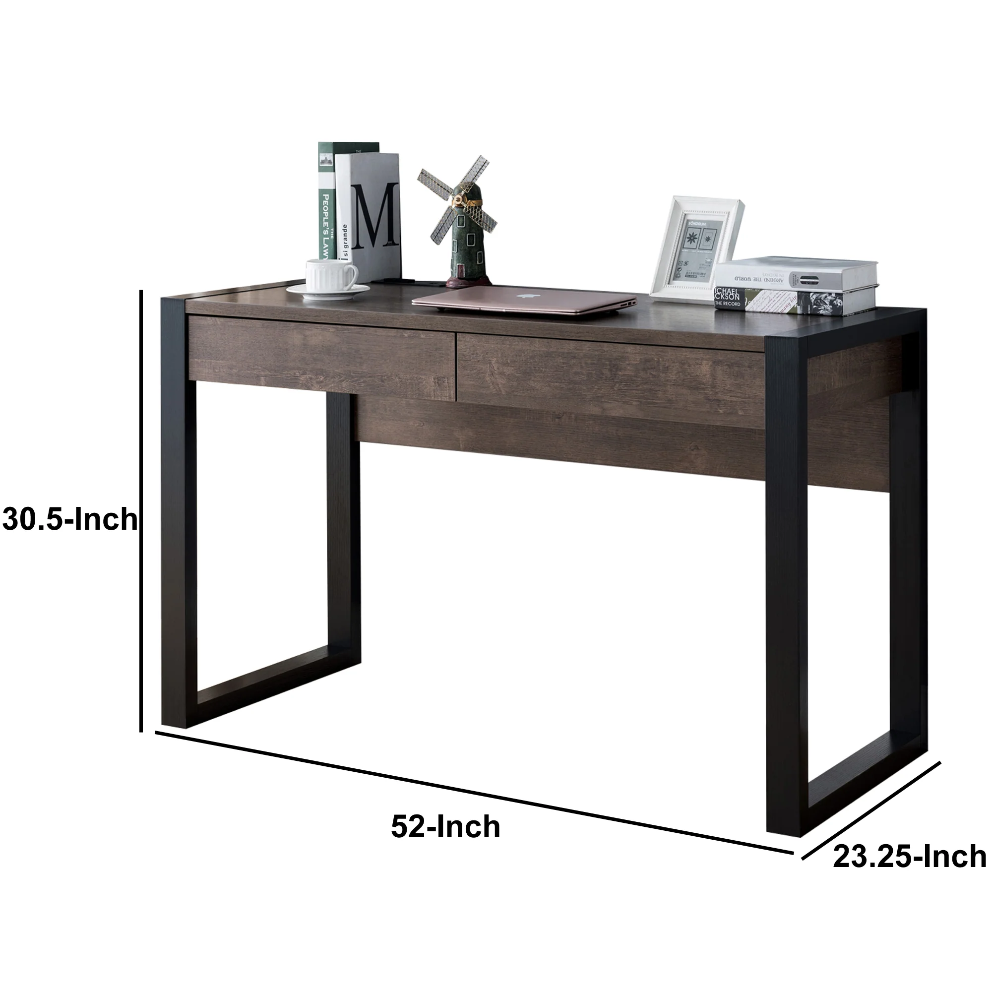 Rectangular Wooden Desk With Electric Outlet And Sled Leg Support, Black And Brown By Benzara - Image 6