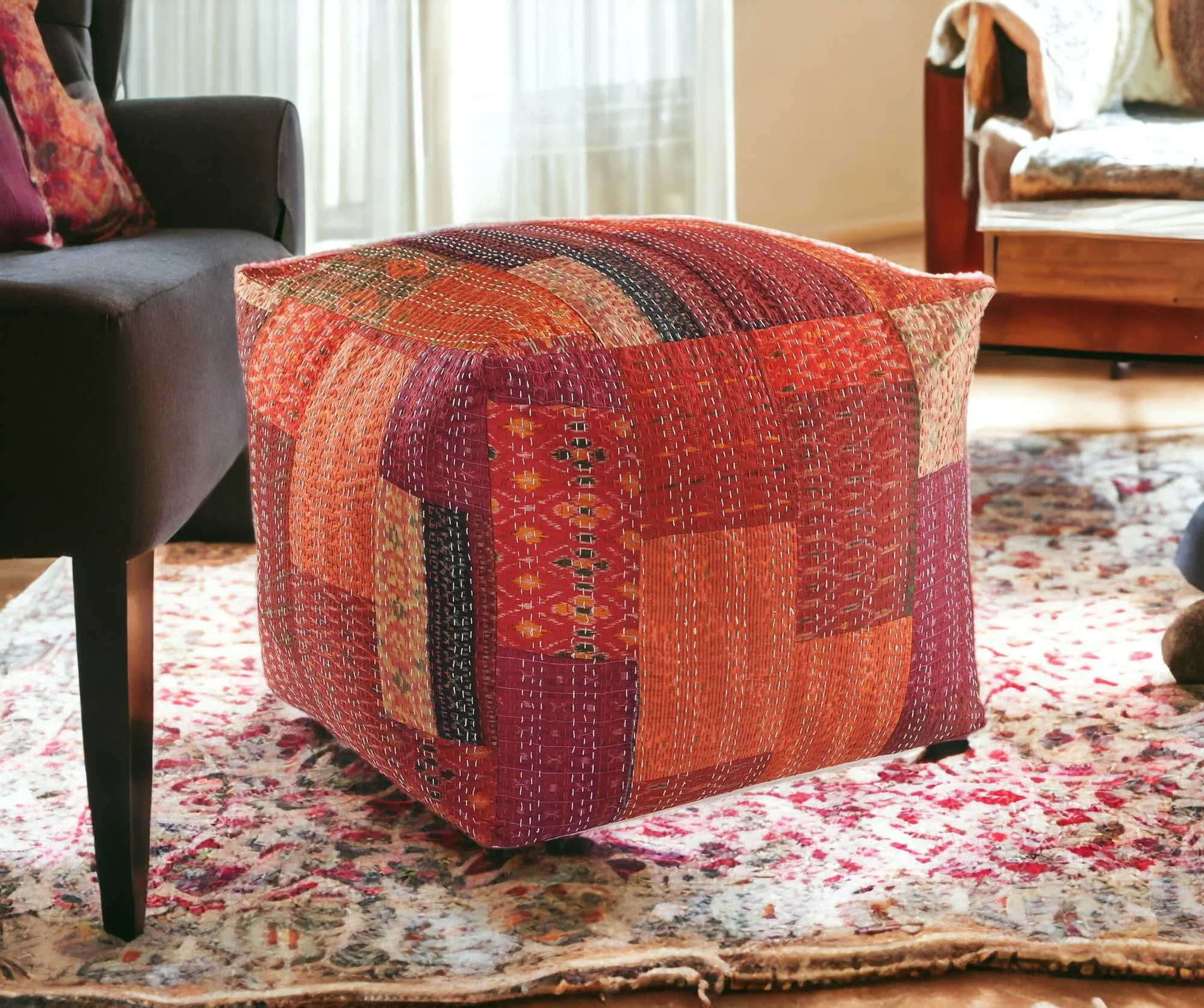 Red Cotton Blend Ottoman By Homeroots - Image 2