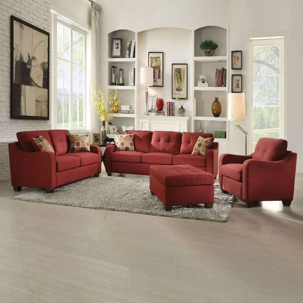 Red Linen Sofa With Pillows By Homeroots - Image 3