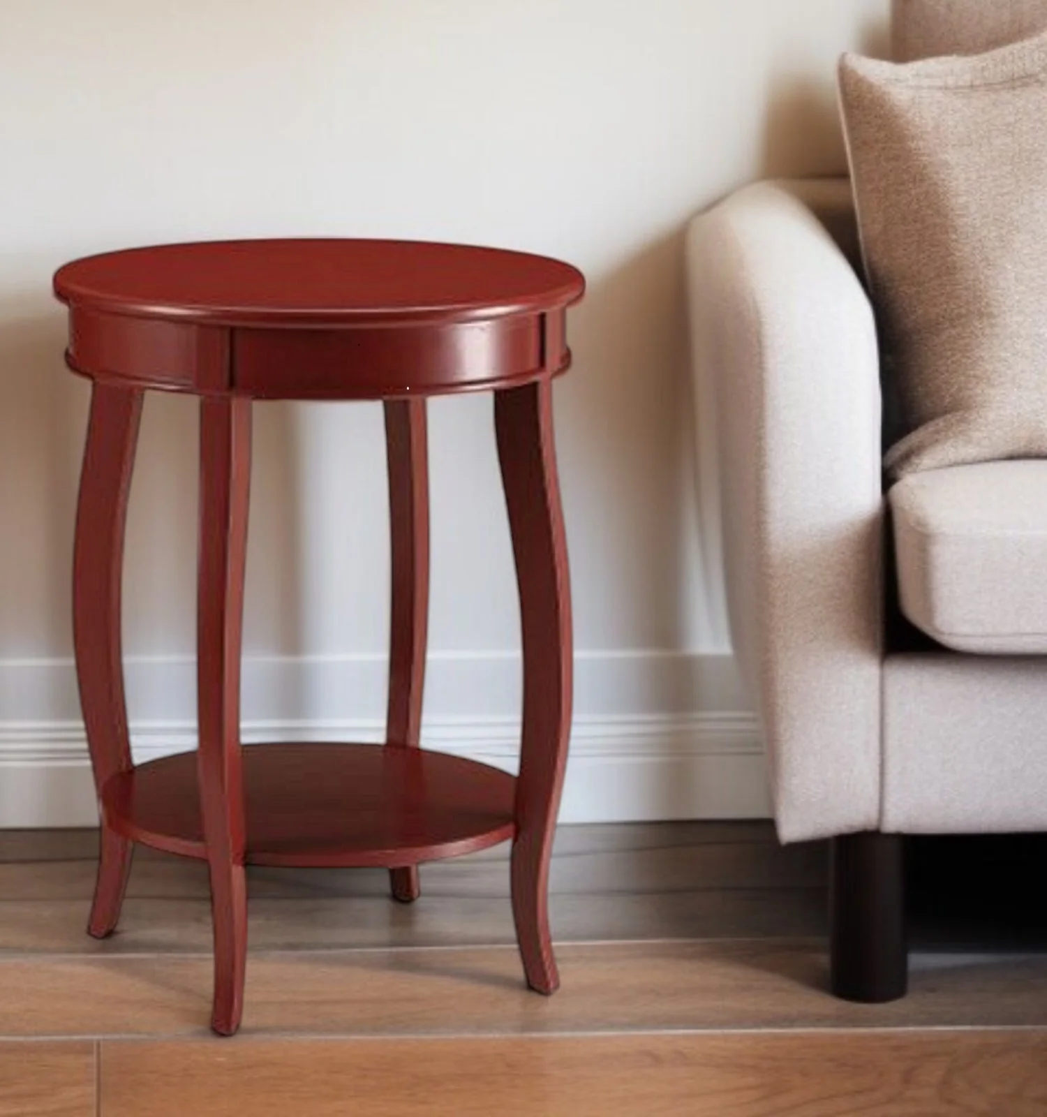 Red Wood Round End Table With Shelf By Homeroots - Image 8