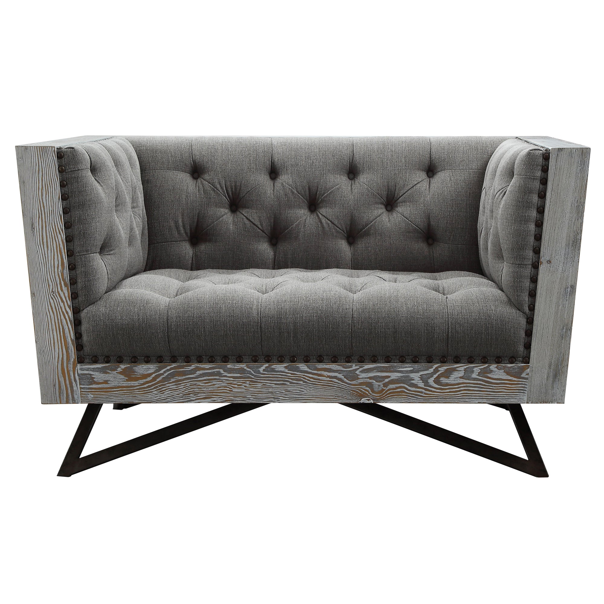 Regis Contemporary Chair in Gray Fabric with Black Metal Finish Legs and Antique Brown Nailhead Accents By Armen Living - Image 2