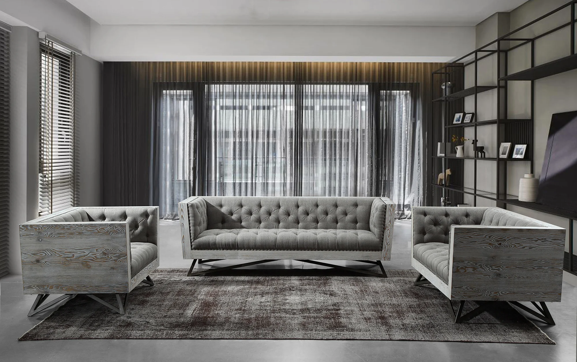 Regis Contemporary Chair in Gray Fabric with Black Metal Finish Legs and Antique Brown Nailhead Accents By Armen Living - Image 3