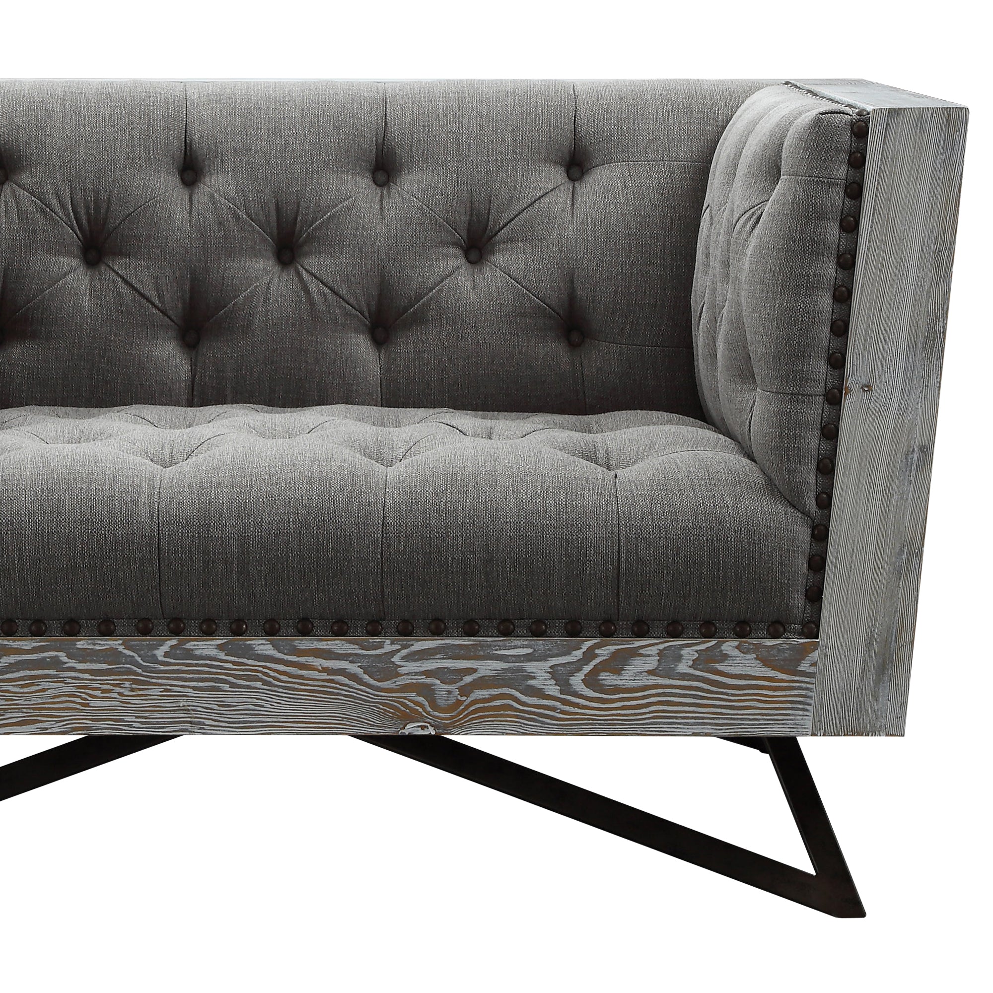 Regis Contemporary Chair in Gray Fabric with Black Metal Finish Legs and Antique Brown Nailhead Accents By Armen Living - Image 4