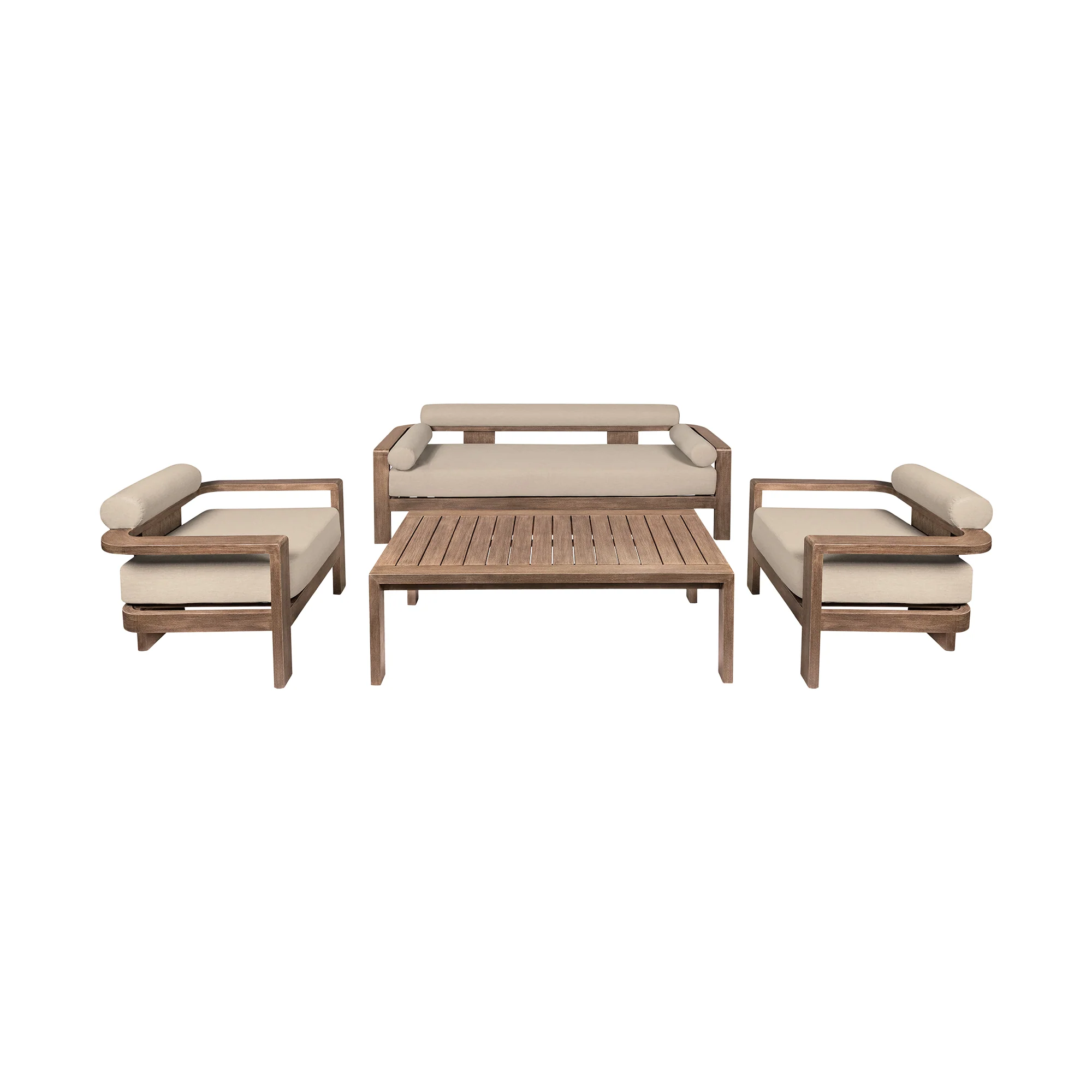 Relic Outdoor Patio 4 Piece Conversation Set in Weathered Eucalyptus Wood with Taupe Olefin Cushions By Armen Living - Image 2