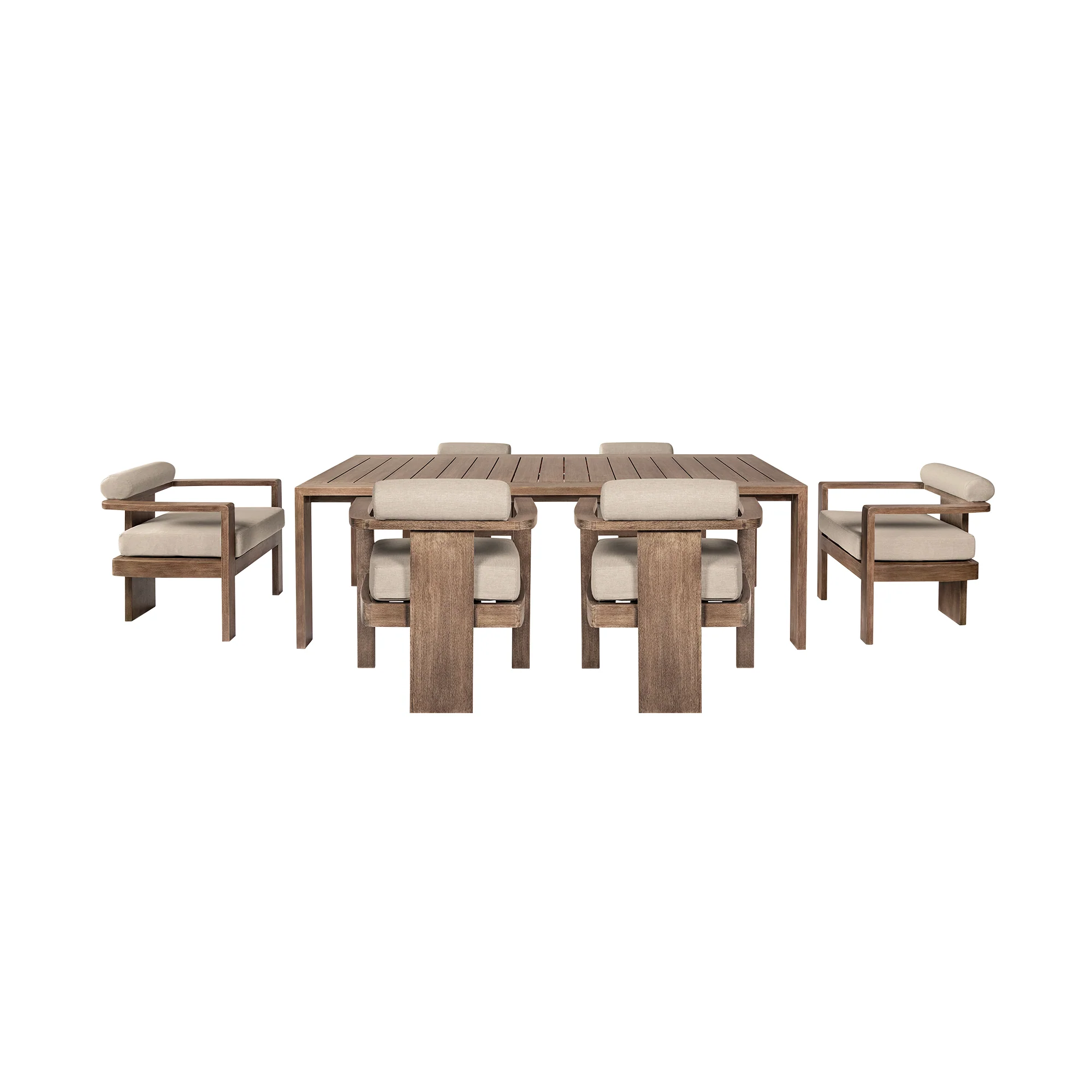 Relic Outdoor Patio 7 Piece Dining Set in Weathered Eucalyptus Wood with Taupe Olefin Cushions By Armen Living - Image 2