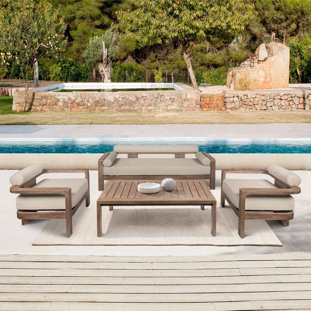 Relic Outdoor Patio Coffee Table in Weathered Eucalyptus Wood By Armen Living - Image 2