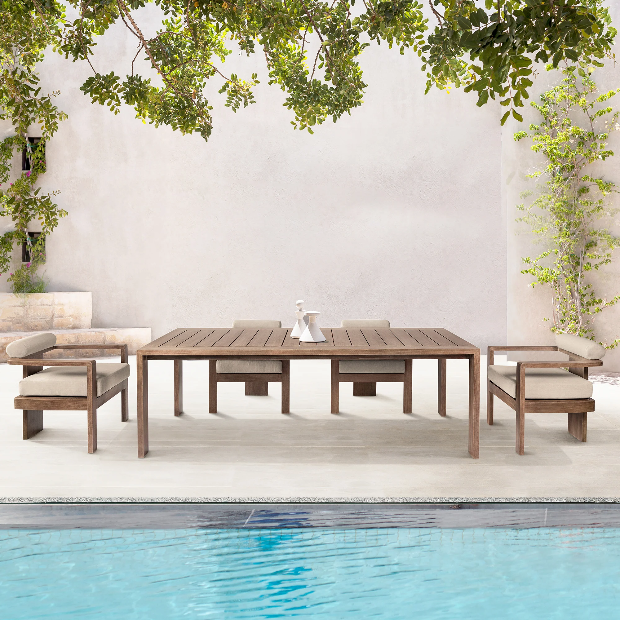 Relic Outdoor Patio Dining Chair in Weathered Eucalyptus Wood with Taupe Olefin Cushions By Armen Living - Image 2