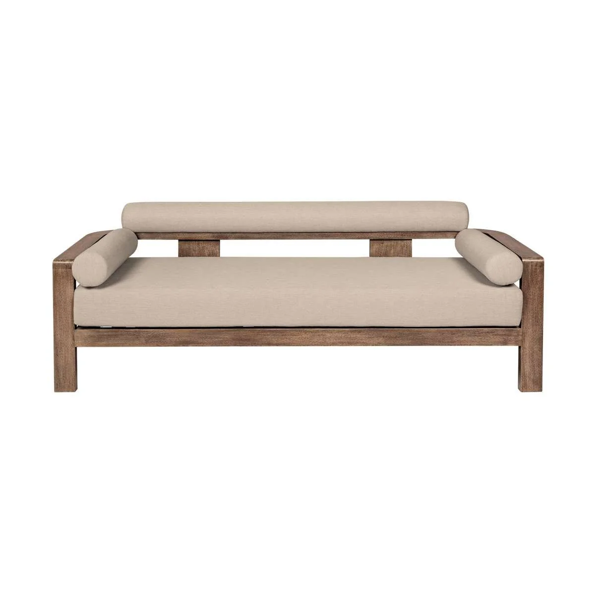 Relic Outdoor Patio Sofa in Weathered Eucalyptus Wood with Taupe Olefin Cushions By Armen Living - Image 3