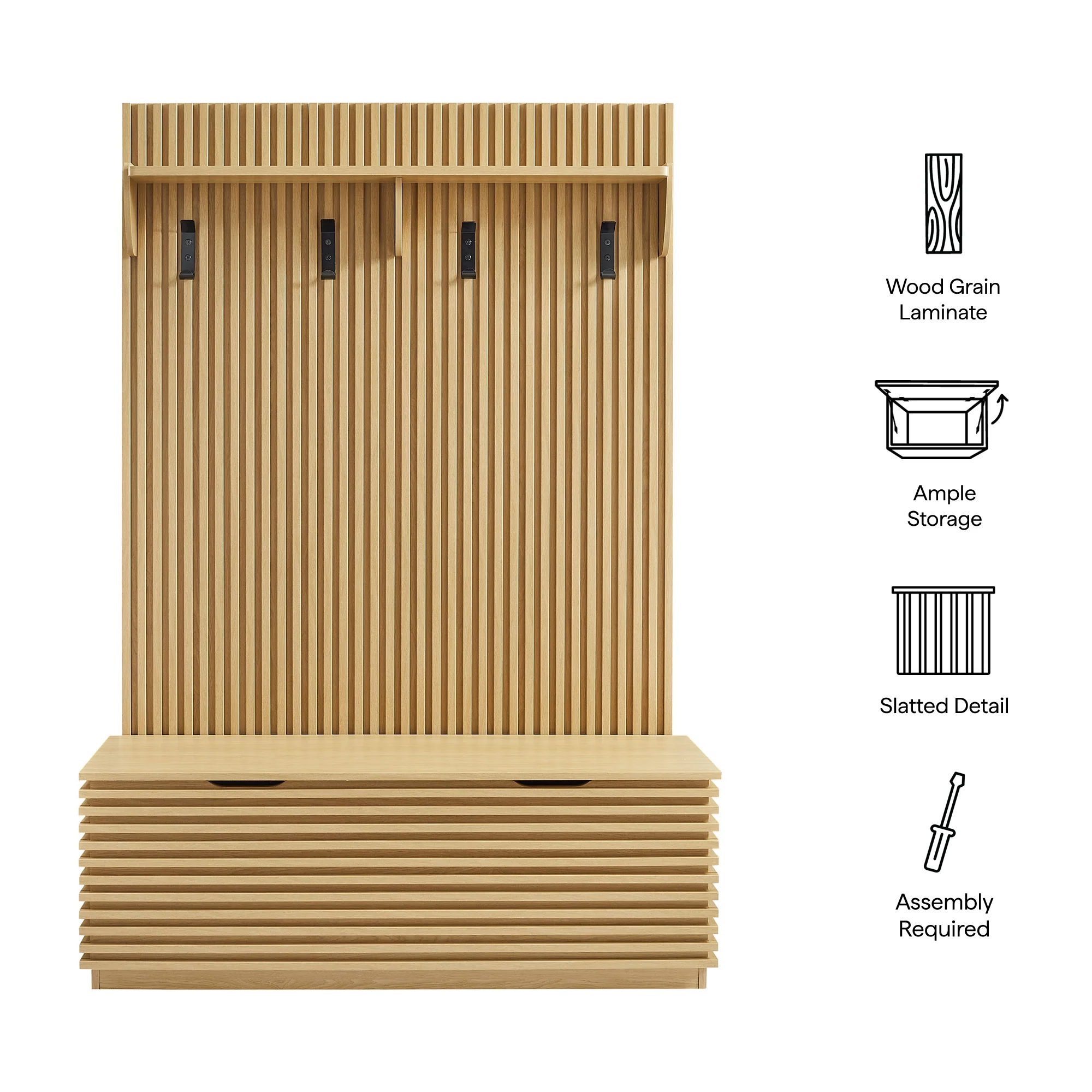 Render Fluted 3-in-1 Hall Tree With Storage Bench and Coat Rack by Modway - Image 7