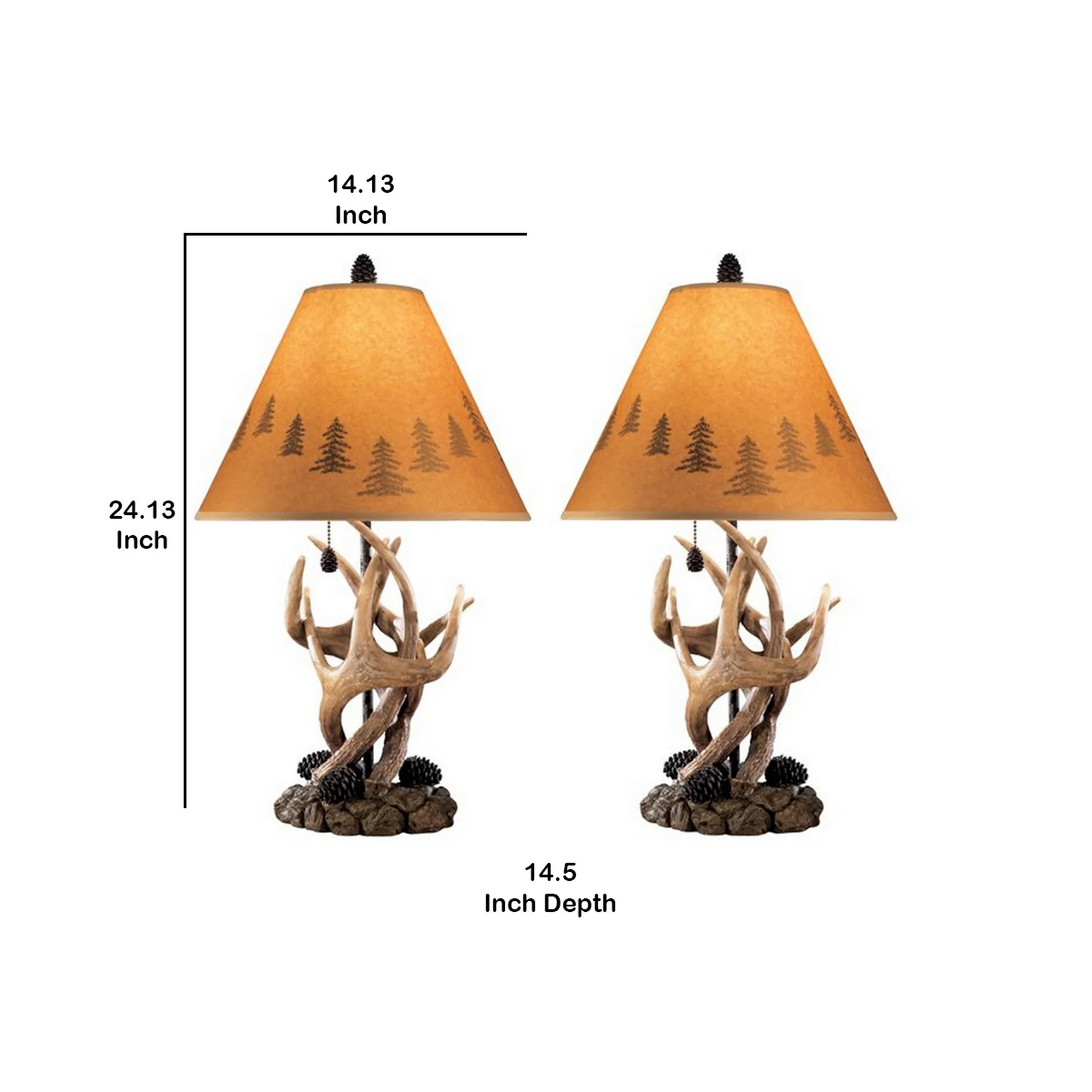 Resin Body Table Lamp With Antler And Pinecone Design Set Of 2 Brown By Benzara - Image 5
