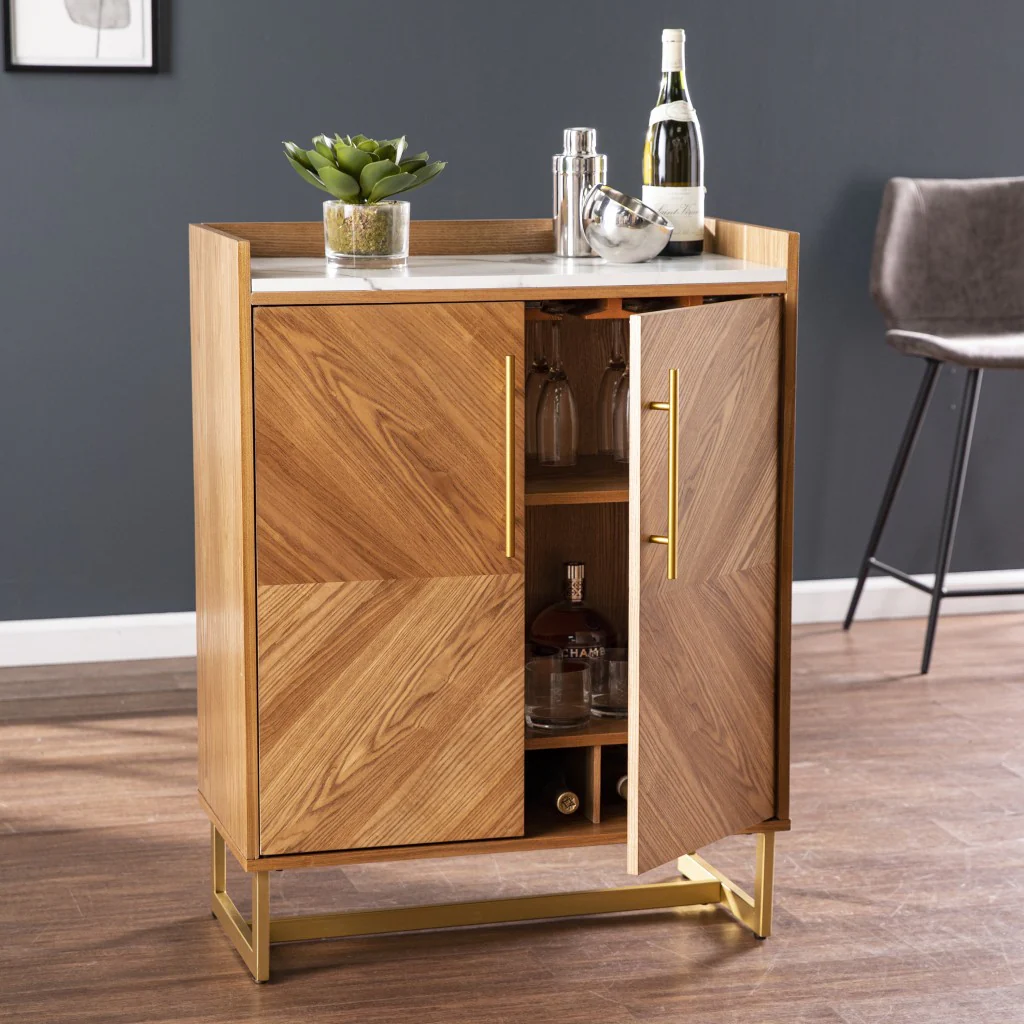 Retro Gold Natural And Faux Marble Wine Cabinet By Homeroots - Image 3