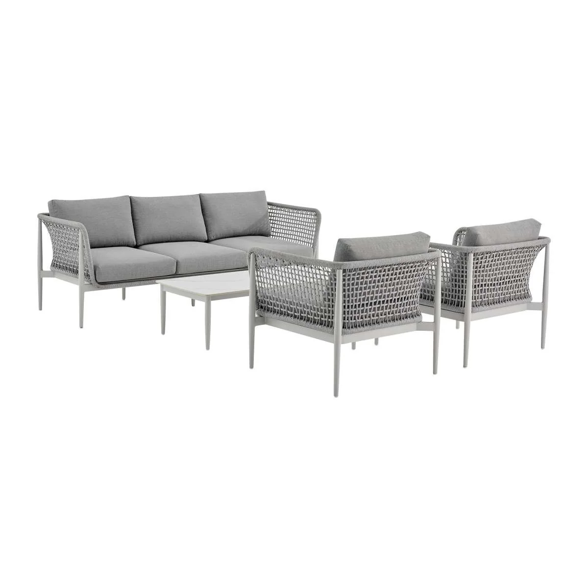 Rhodes Outdoor Patio 4 Piece Conversation Set in Aluminum with Sintered Stone and Gray Cushions By Armen Living - Image 2