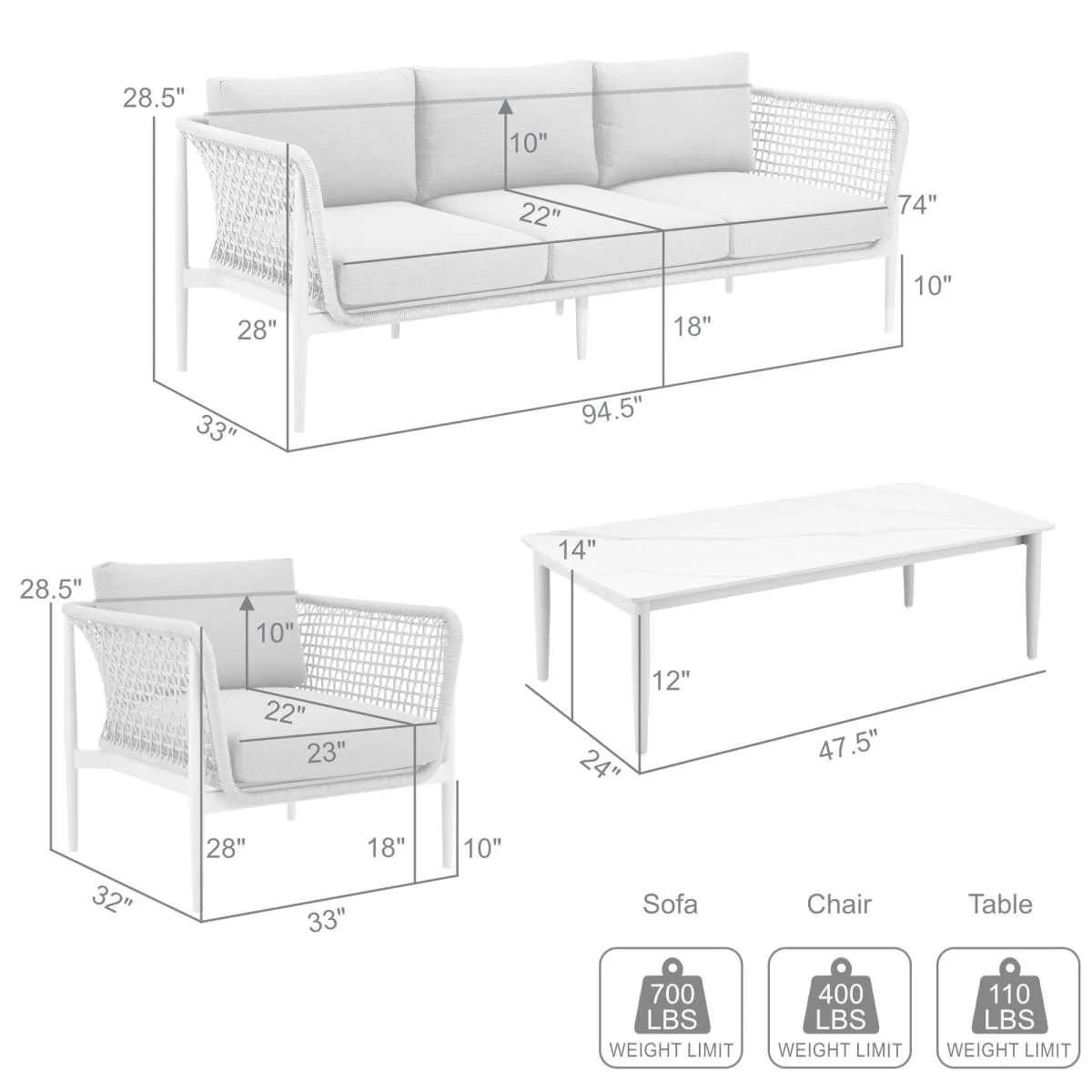 Rhodes Outdoor Patio 4 Piece Conversation Set in Aluminum with Sintered Stone and Gray Cushions By Armen Living - Image 8