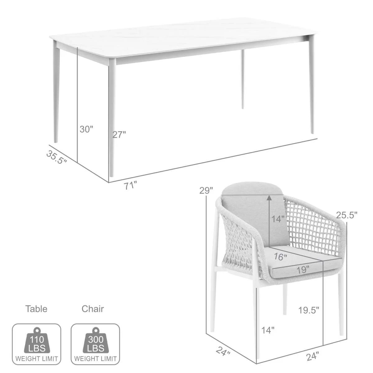 Rhodes Outdoor Patio 5 Piece Dining Set in Aluminum with Sintered Stone and Gray Cushions By Armen Living - Image 7