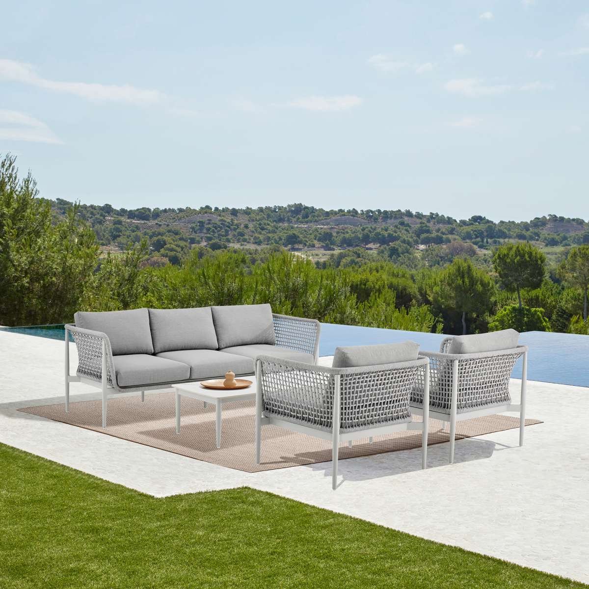 Rhodes Outdoor Patio Armchair in Aluminum with Light Gray Rope and Cushions By Armen Living - Image 2