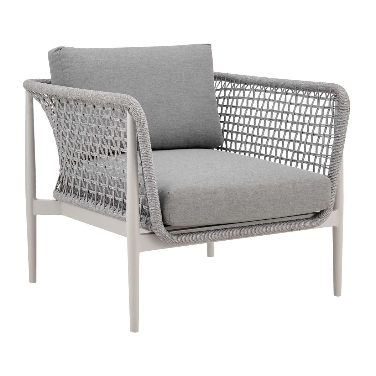 Rhodes Outdoor Patio Armchair in Aluminum with Light Gray Rope and Cushions By Armen Living - Image 3