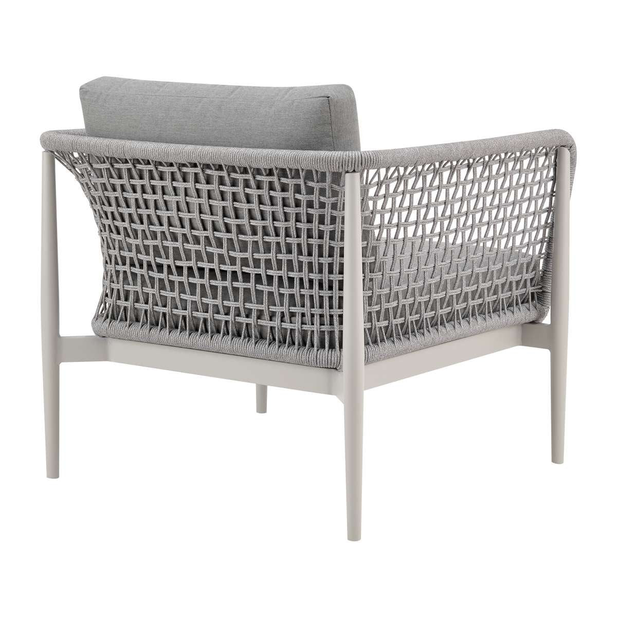 Rhodes Outdoor Patio Armchair in Aluminum with Light Gray Rope and Cushions By Armen Living - Image 4