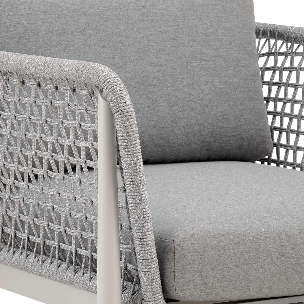 Rhodes Outdoor Patio Armchair in Aluminum with Light Gray Rope and Cushions By Armen Living - Image 6