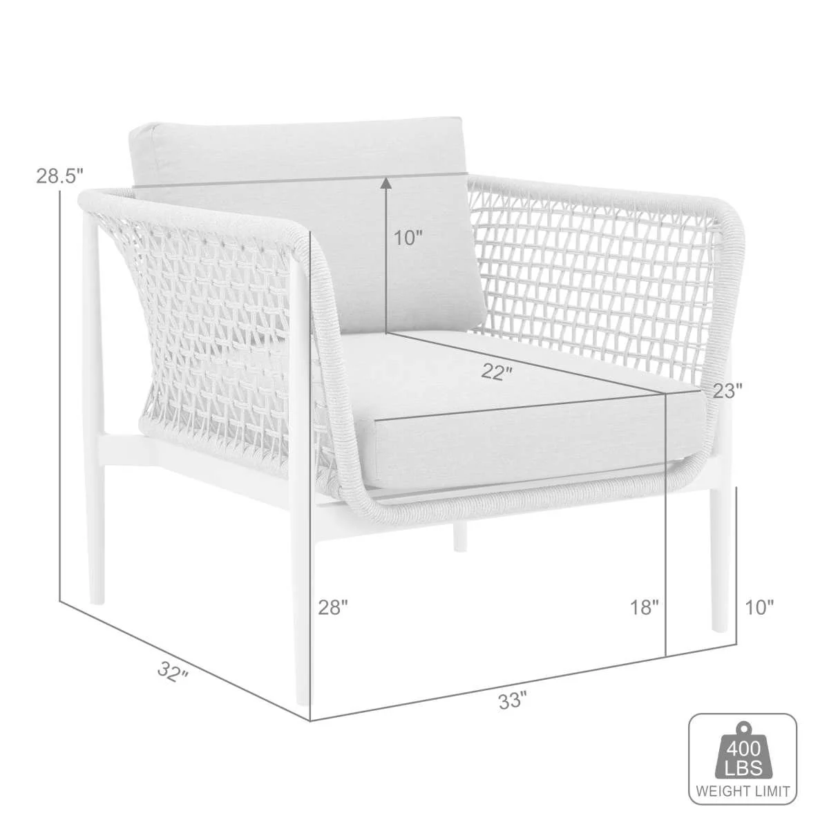 Rhodes Outdoor Patio Armchair in Aluminum with Light Gray Rope and Cushions By Armen Living - Image 8