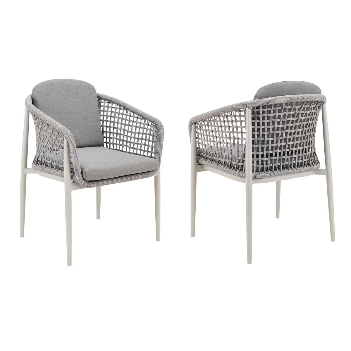 Rhodes Outdoor Patio Dining Chair in Aluminum with Light Gray Rope and Cushions - Set of 2 By Armen Living - Image 3