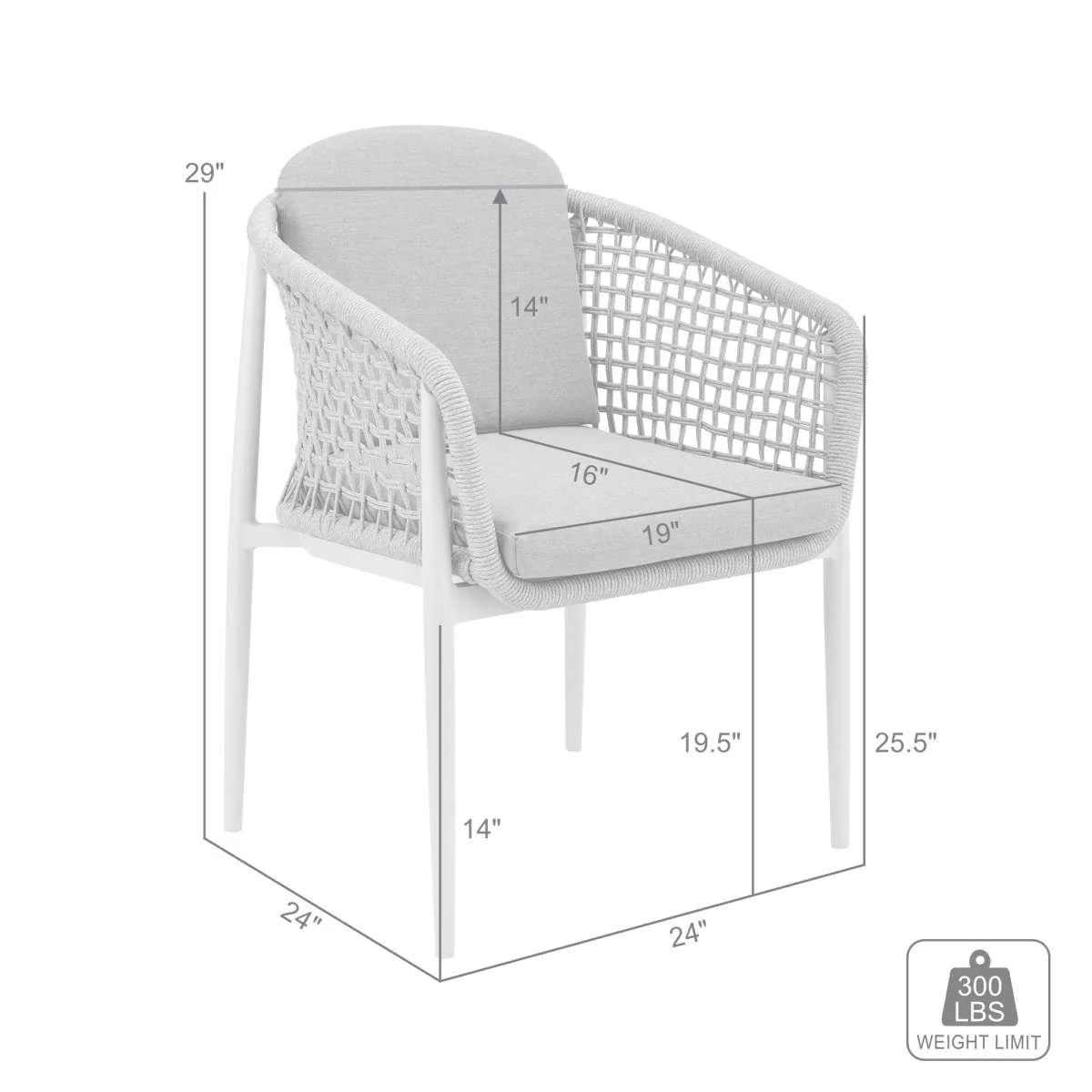 Rhodes Outdoor Patio Dining Chair in Aluminum with Light Gray Rope and Cushions - Set of 2 By Armen Living - Image 9