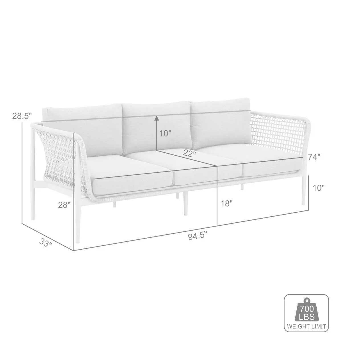 Rhodes Outdoor Patio Sofa in Aluminum with Light Gray Rope and Cushions By Armen Living - Image 8