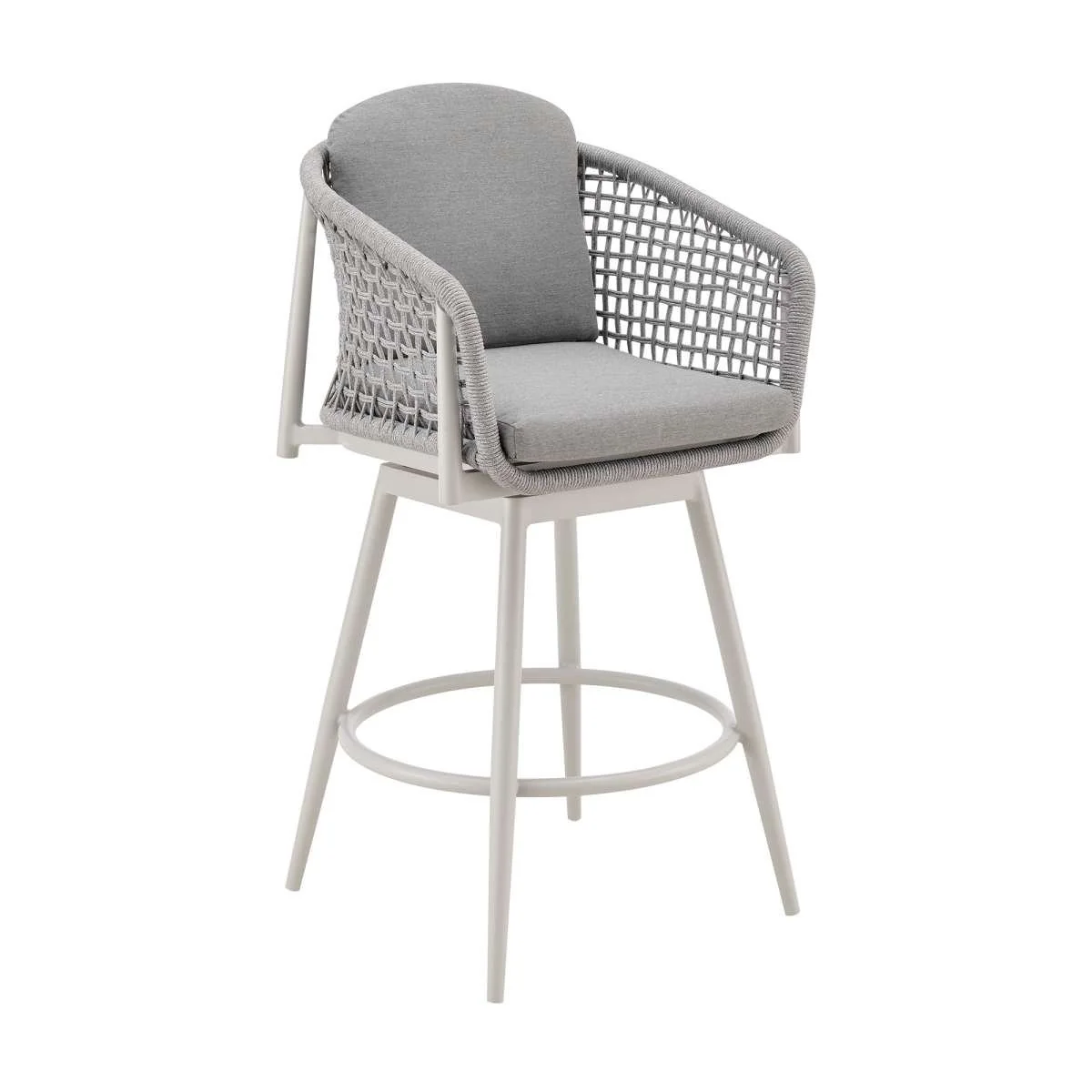 Rhodes Outdoor Patio Swivel Bar Stool in Aluminum with Light Gray Rope and Cushions By Armen Living - Image 2