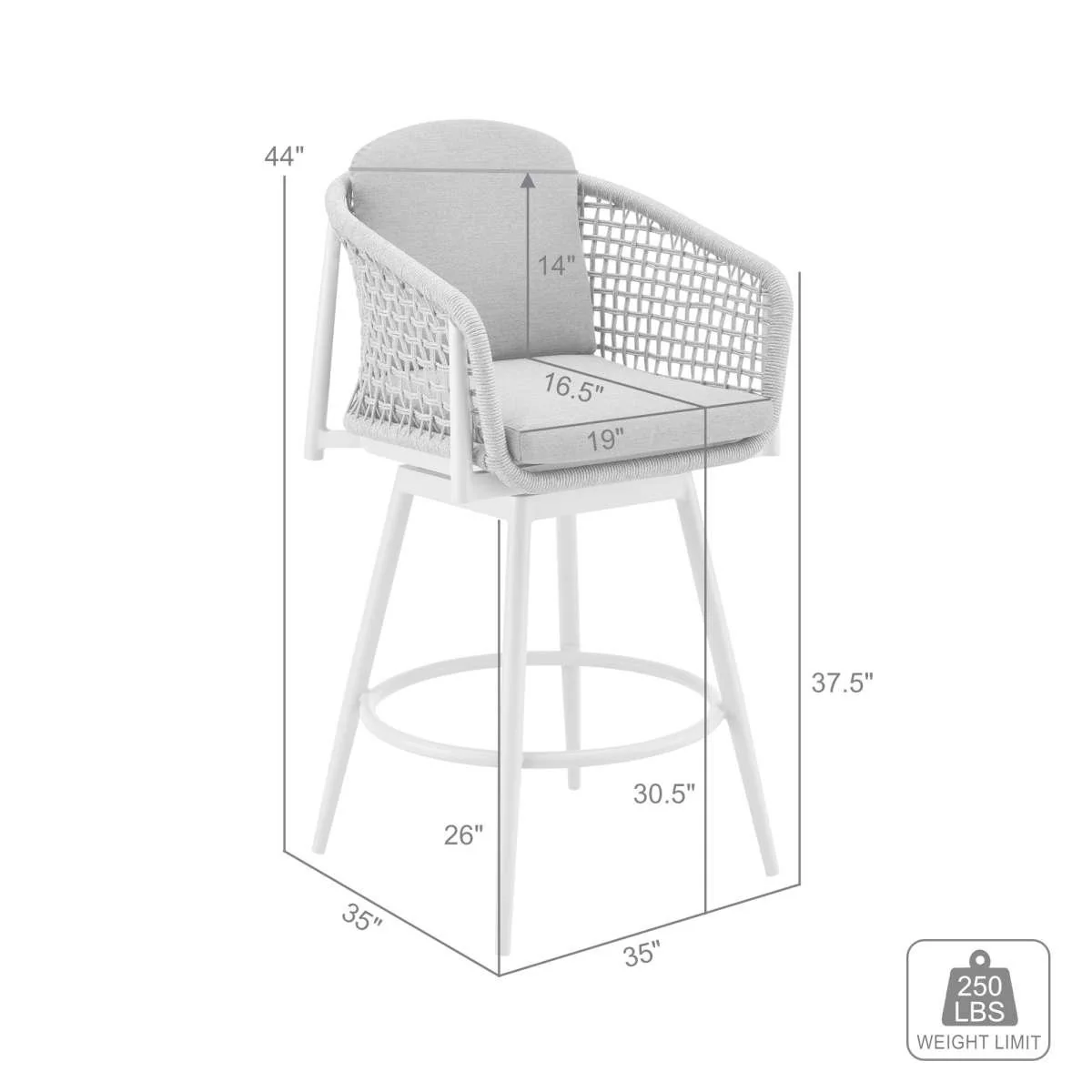Rhodes Outdoor Patio Swivel Bar Stool in Aluminum with Light Gray Rope and Cushions By Armen Living - Image 7