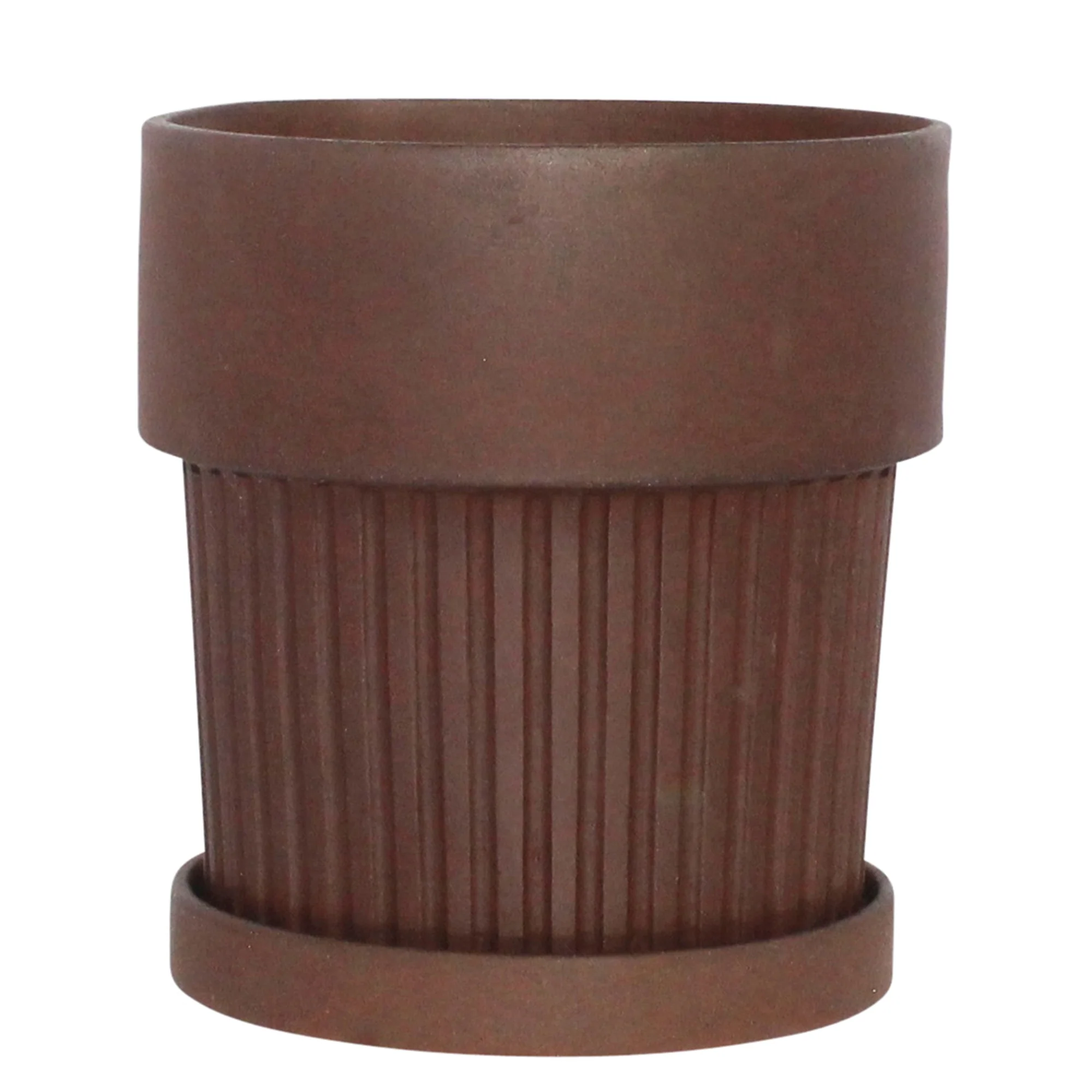 Ribbed Clay Pot & Saucer - Large - Brown Clay Set Of 2 By HomArt - Image 2