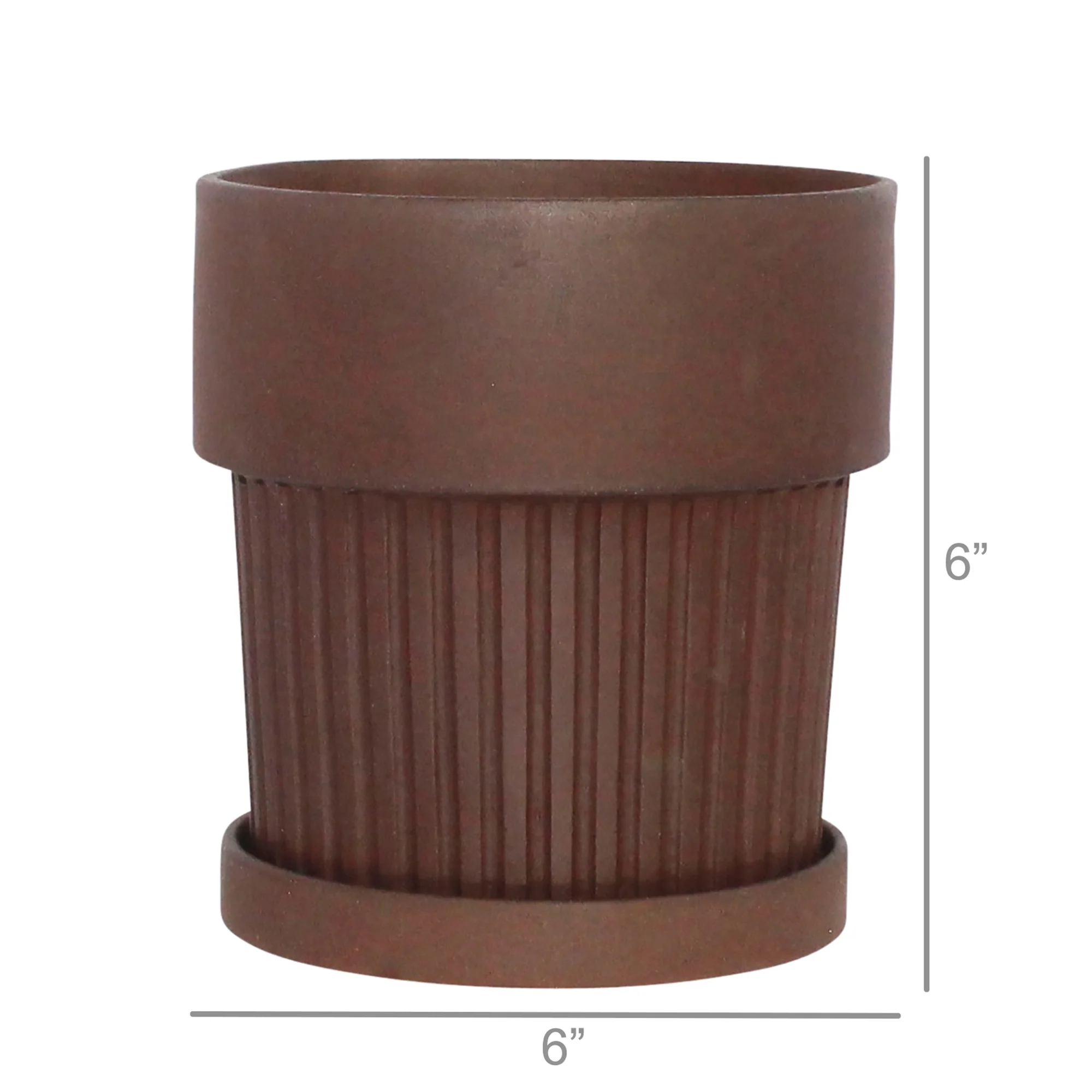 Ribbed Clay Pot & Saucer - Large - Brown Clay Set Of 2 By HomArt - Image 3