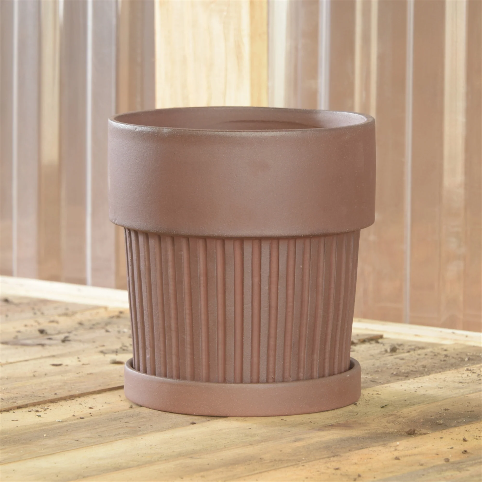 Ribbed Clay Pot & Saucer - Large - Brown Clay Set Of 2 By HomArt - Image 5