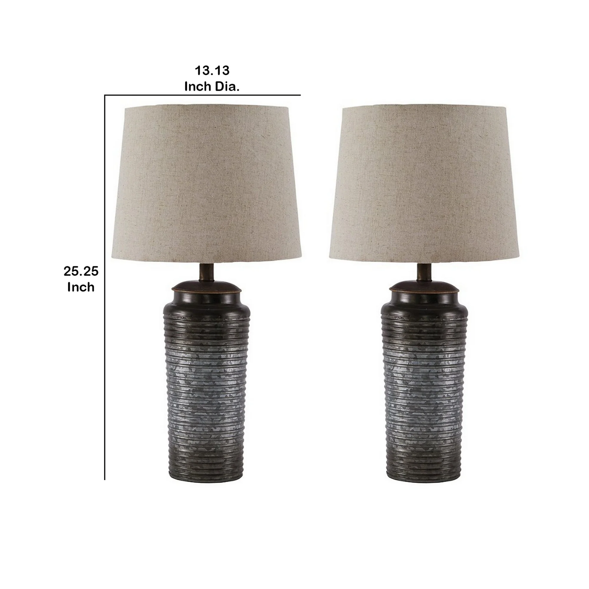 Ribbed Design Metal Body Table Lamp With Tapered Fabric Shade Set Of 2 Gray By Benzara - Image 5