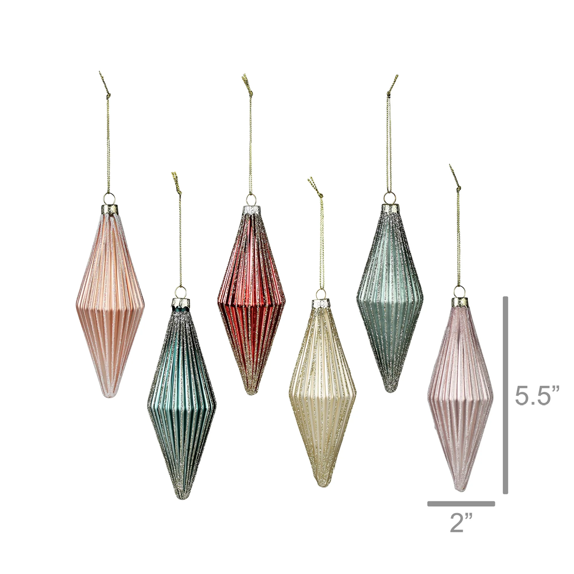 Ribbed Rhombus Ornaments, Glass, Set of 6 By HomArt - Image 2