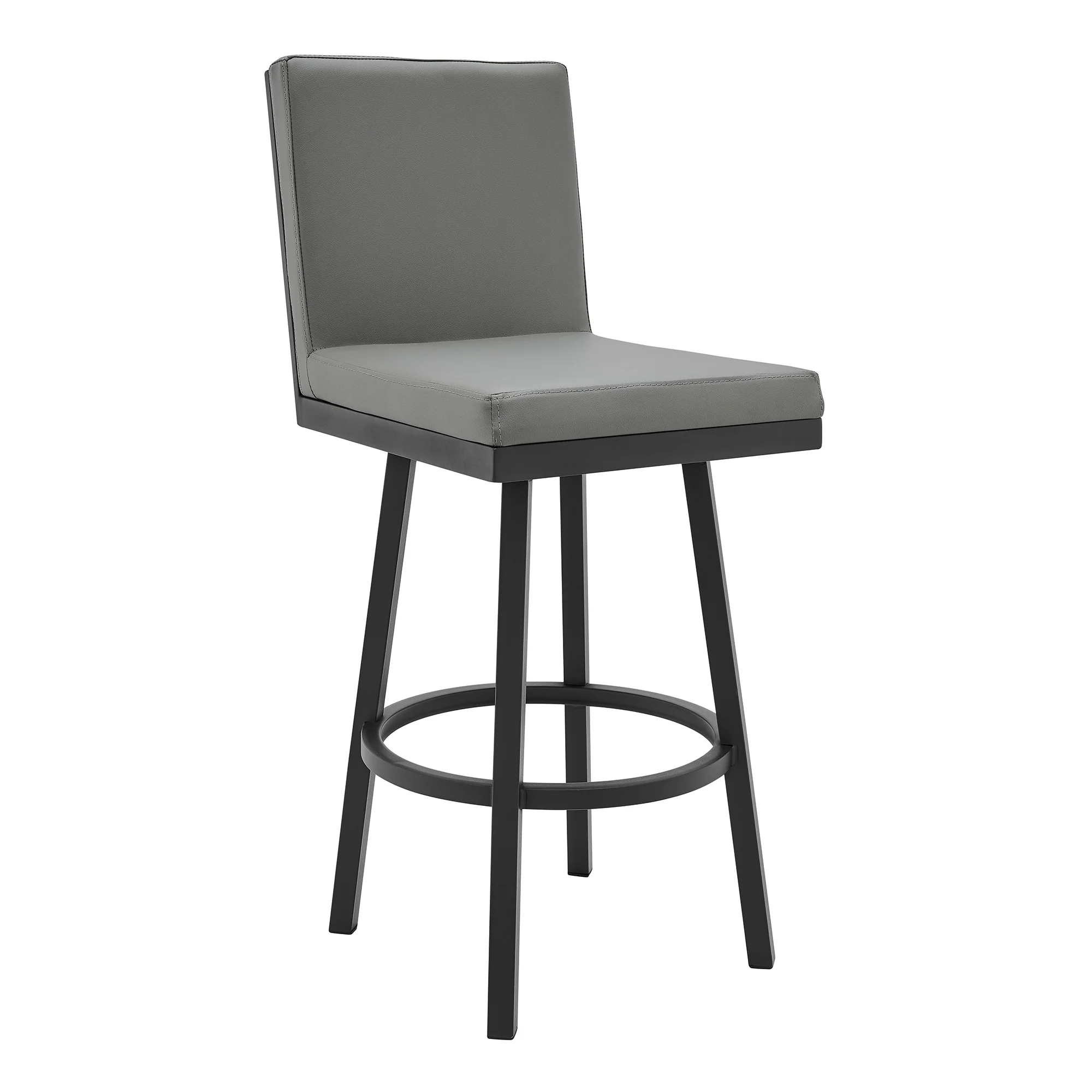 Rochester 30" Swivel Modern Black Metal and Grey Faux Leather Barstool By Armen Living - Image 2